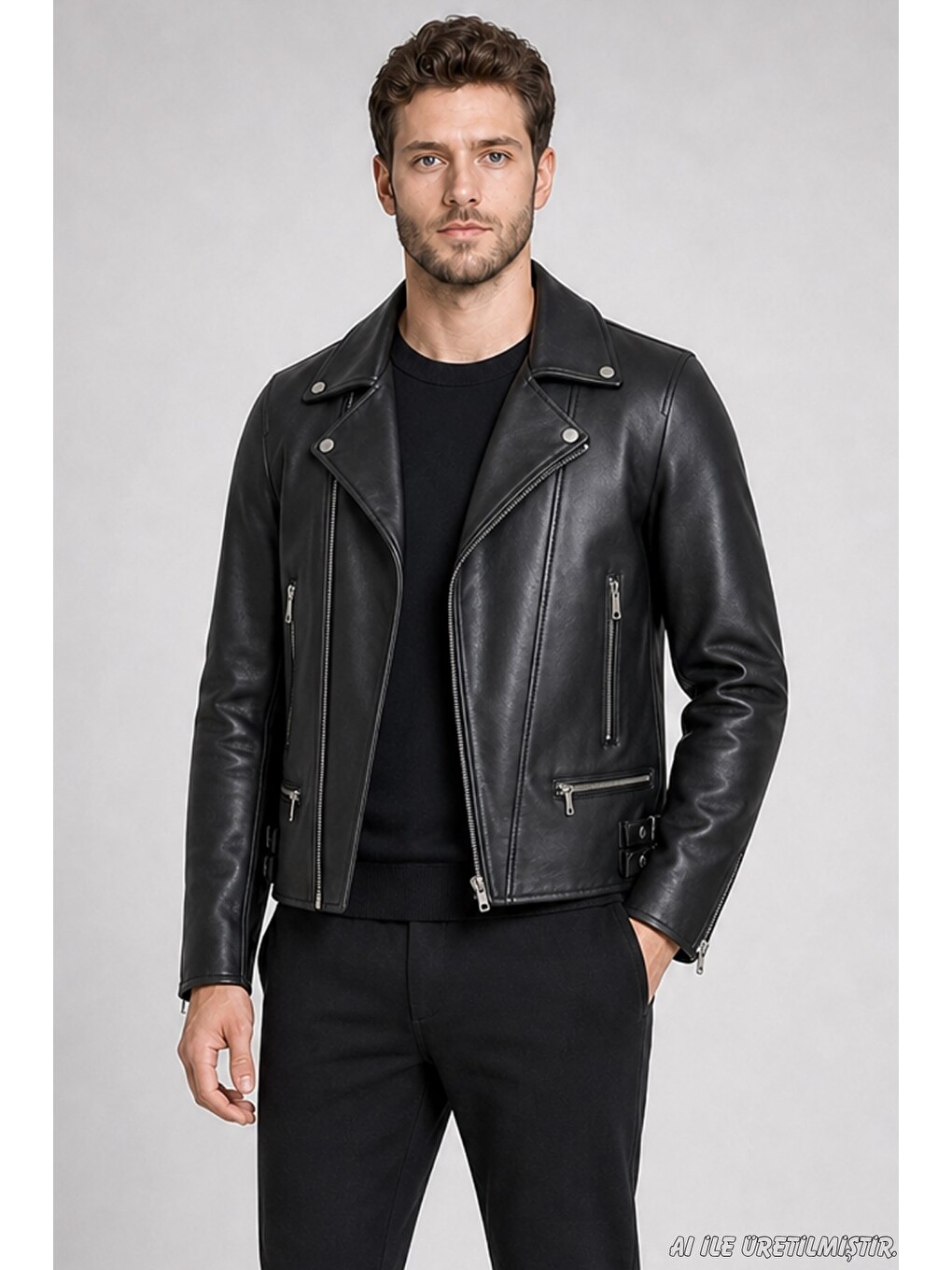Siyah Erkek Slim Fit Çapraz Fermuarlı İçi Kürklü Suni Deri Ceket-2