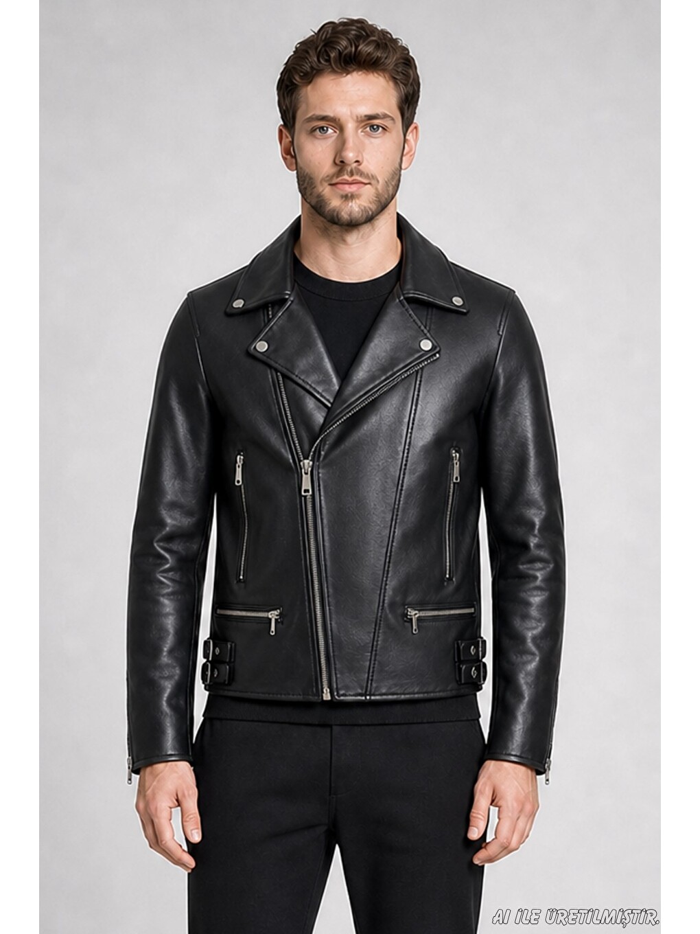 Siyah Erkek Slim Fit Çapraz Fermuarlı İçi Kürklü Suni Deri Ceket-3