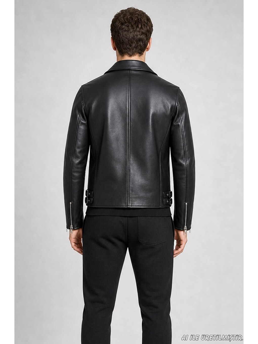 Siyah Erkek Slim Fit Çapraz Fermuarlı İçi Kürklü Suni Deri Ceket-4