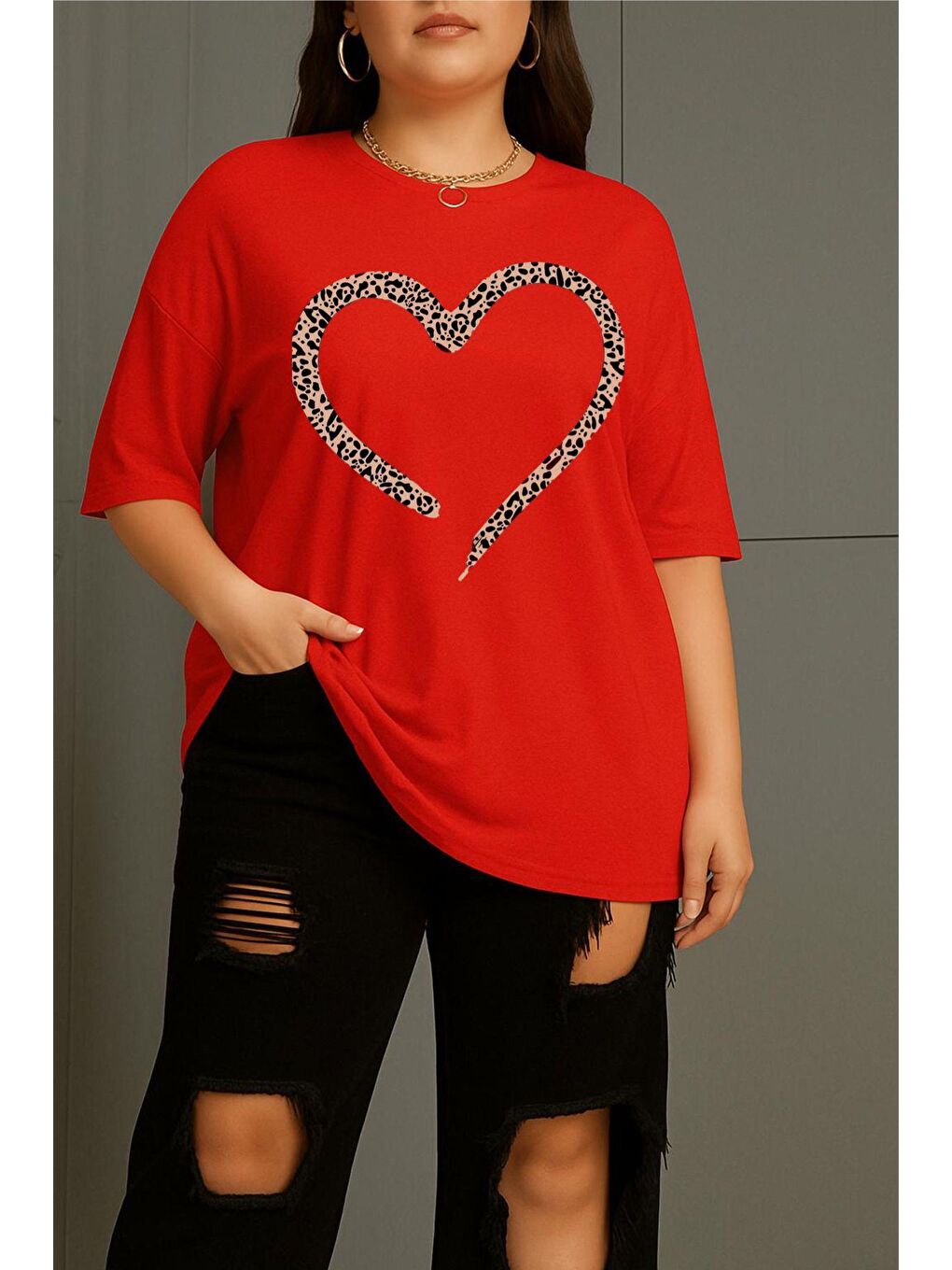 Kırmızı Love Kadın Büyük Beden Battal Baskılı Bisiklet Yaka Pamuklu T-Shirt Rahat Kesim Unisex Sevgili Kombi