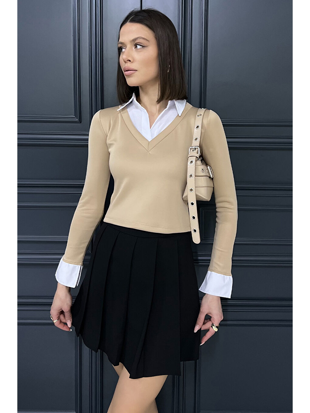 Bej Kadın Gömlek Garnili Crop Bluz-1