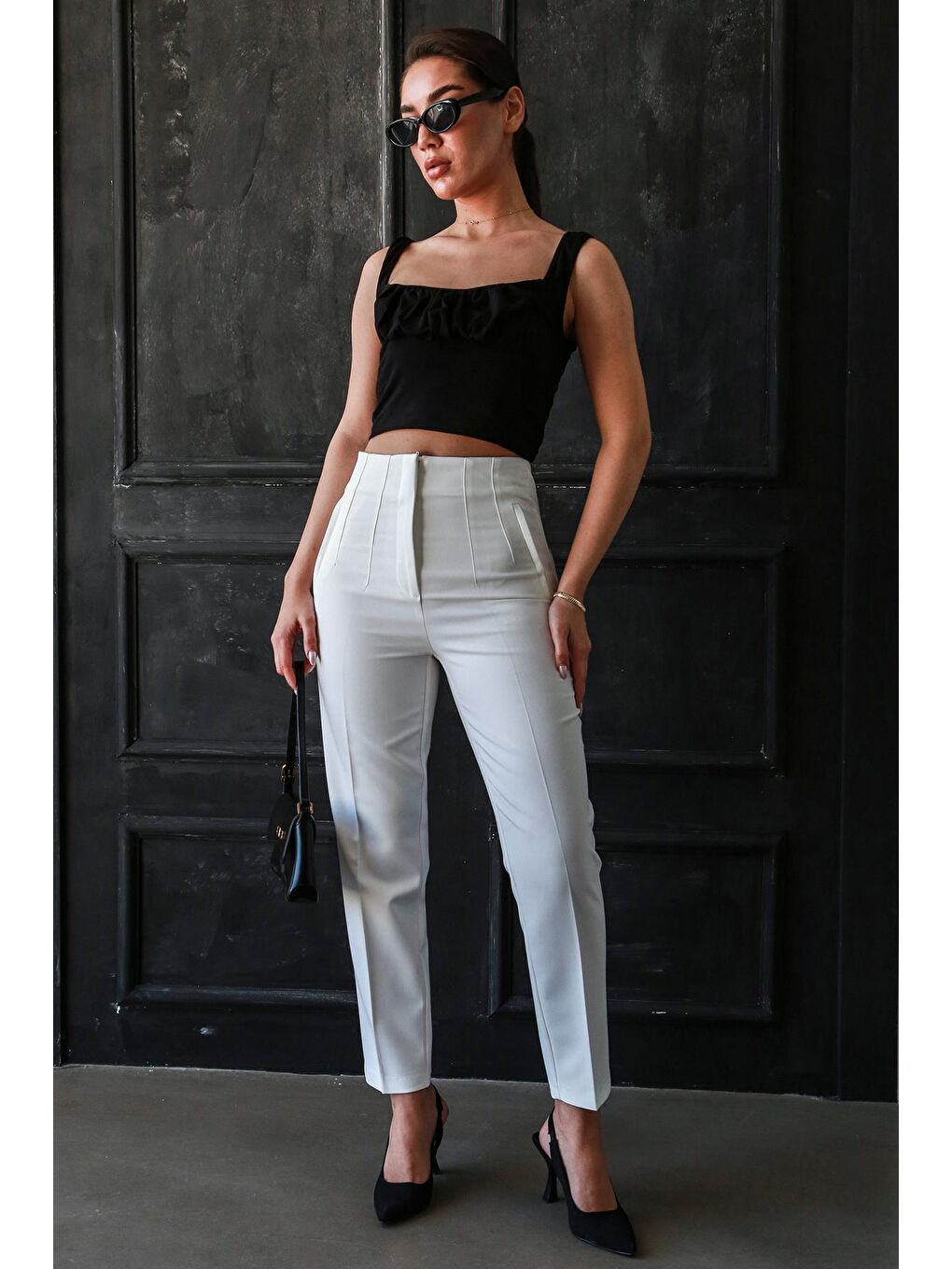 Beyaz Önü Biyeli Yüksek Bel Kadın Pantolon Mg2425-5