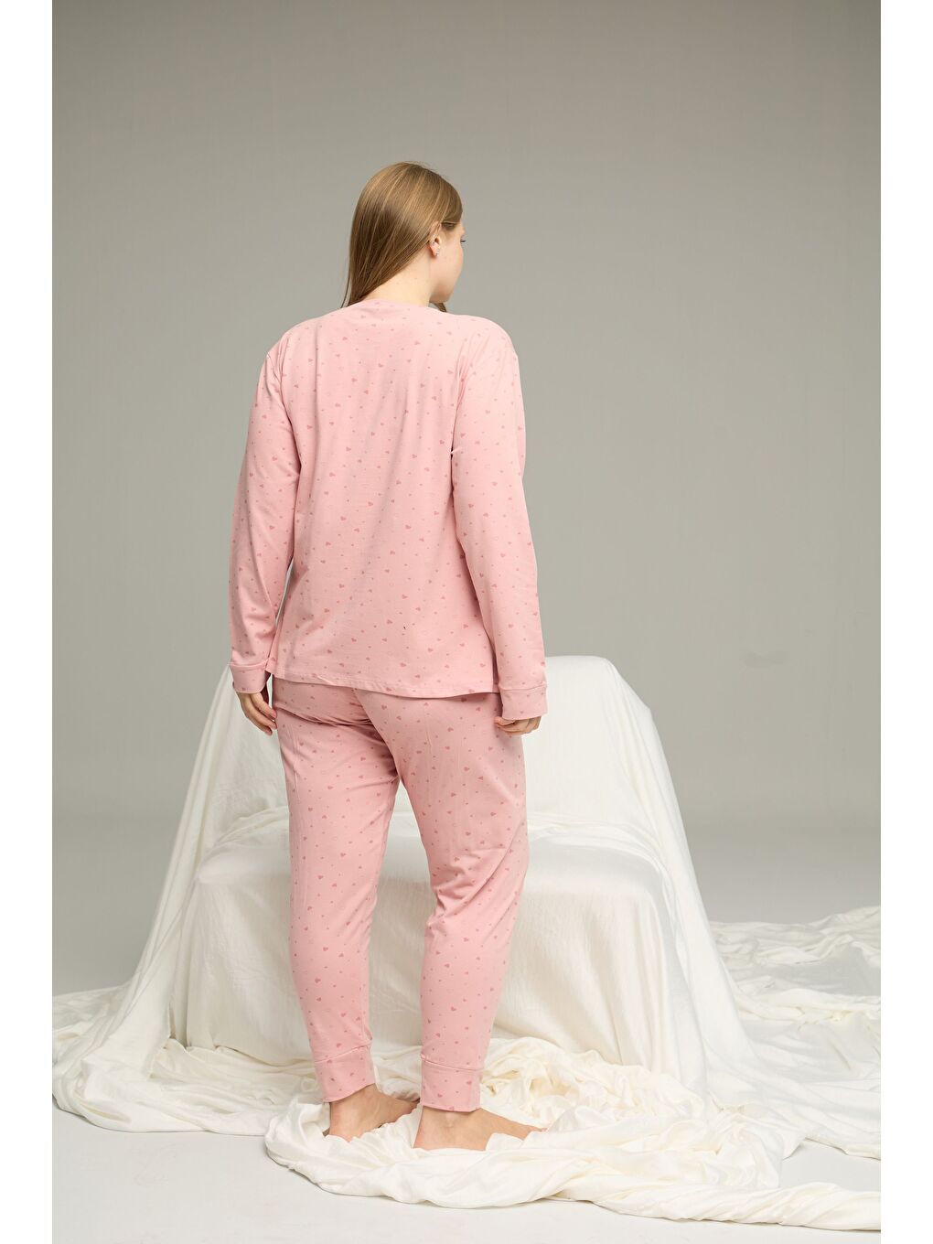 Pembe Pudra Desenli Curve Büyük Beden Battal Boy Pamuklu Pijama Takım25240762-2