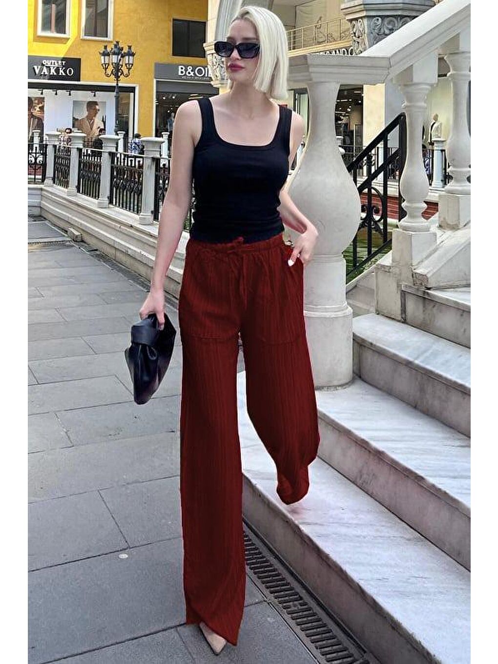 Bordo Cepli Bol Paça Kadın Pantolon Mg1882-2