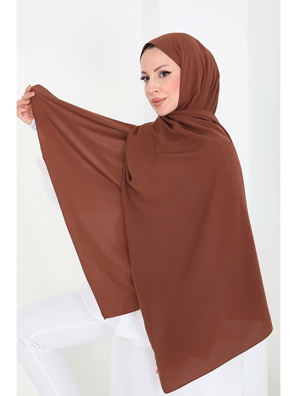 Kahverengi Medine İpeği Şal Kahve - 27852-KAHVE-1