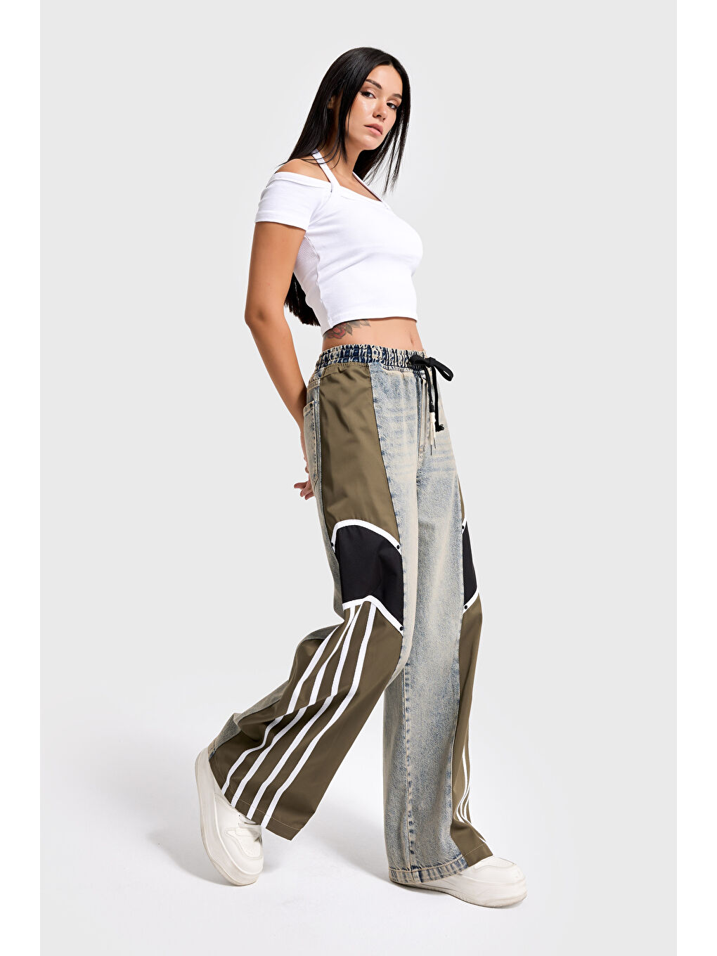 Kadın Tint Haki Renk 4w5-32 Baggy Fit Şerit Detaylı Özel Tasarım Denim Jean-2