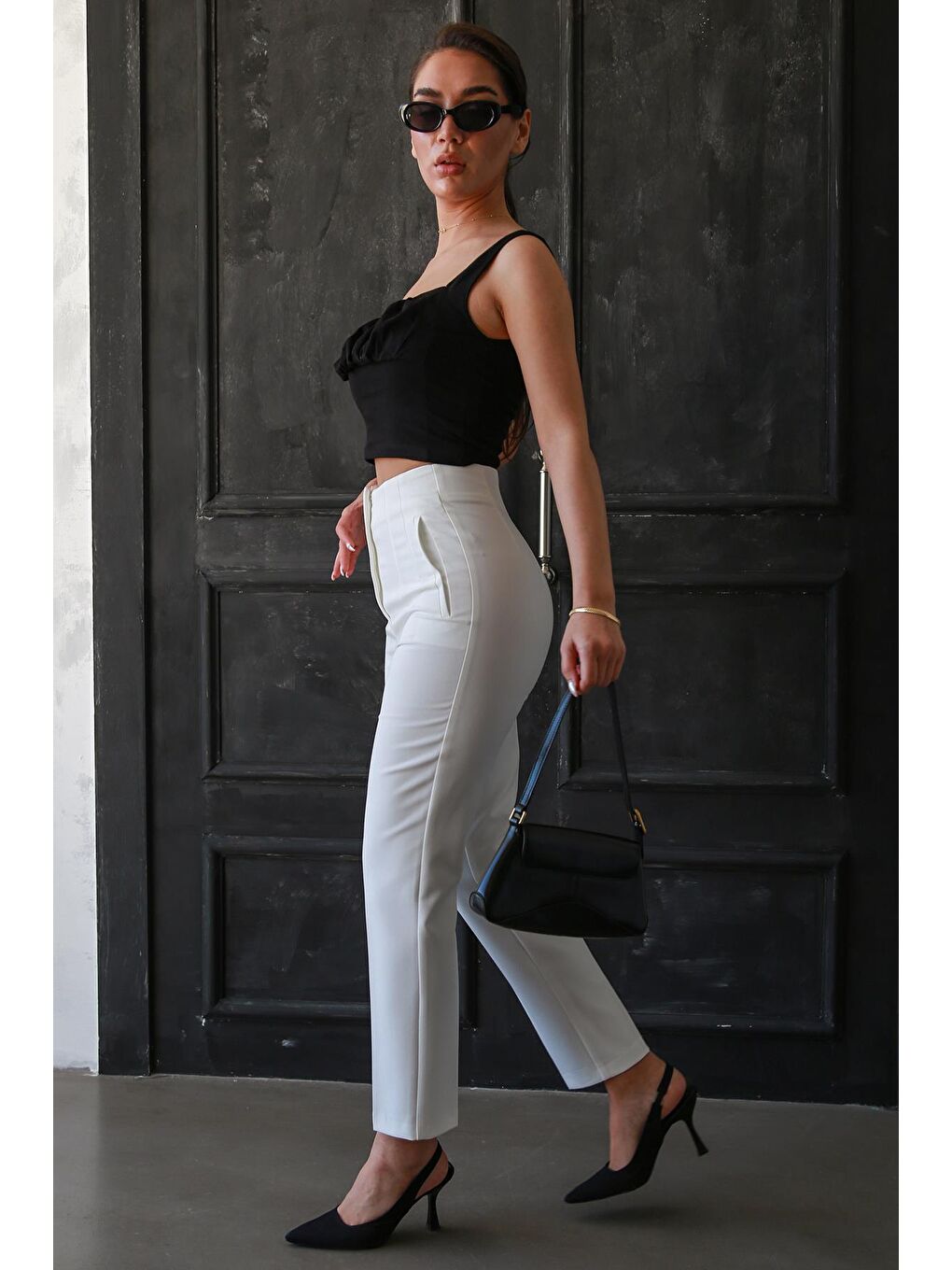 Beyaz Önü Biyeli Yüksek Bel Kadın Pantolon Mg2425-6