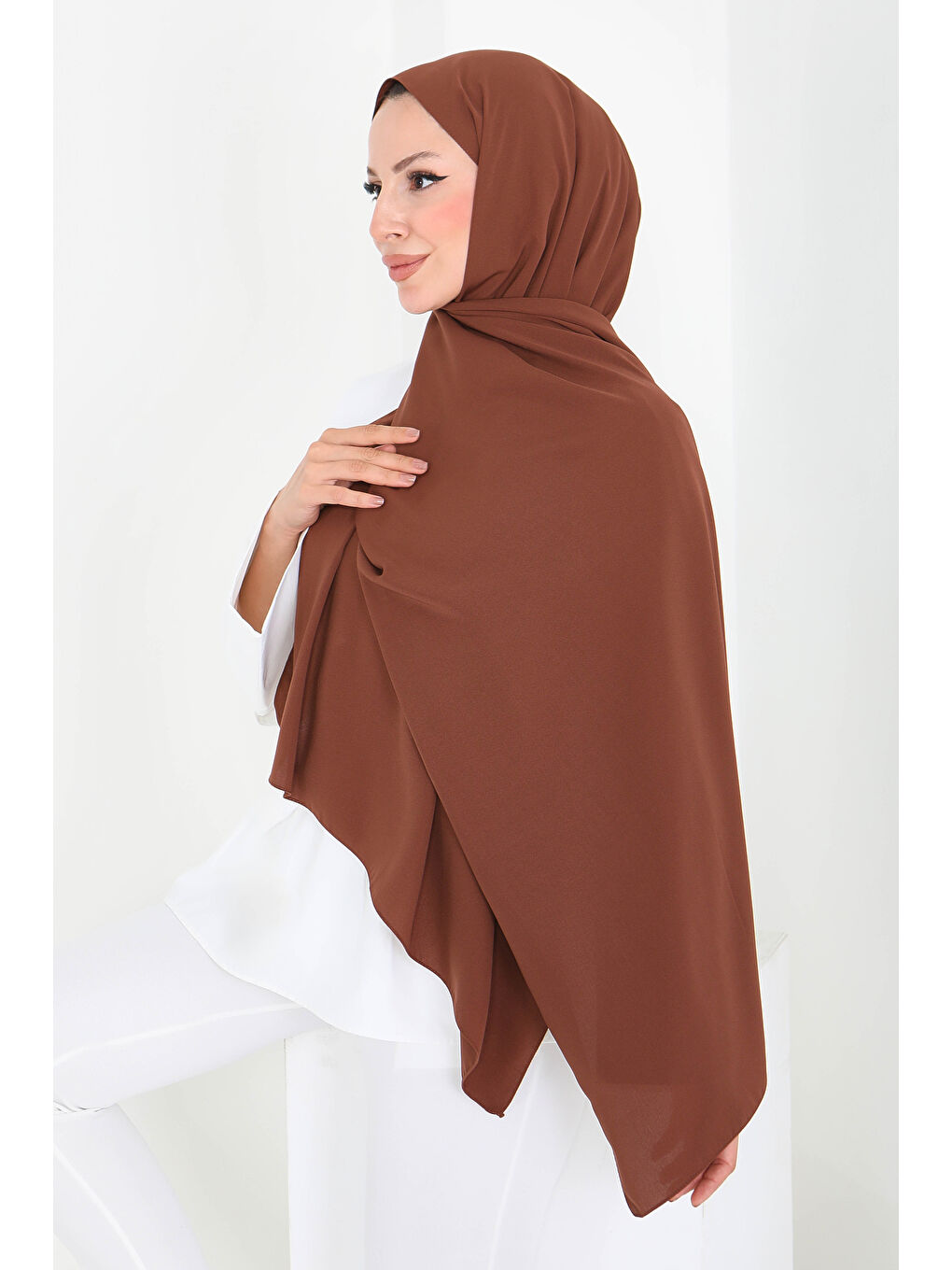 Kahverengi Medine İpeği Şal Kahve - 27852-KAHVE-2