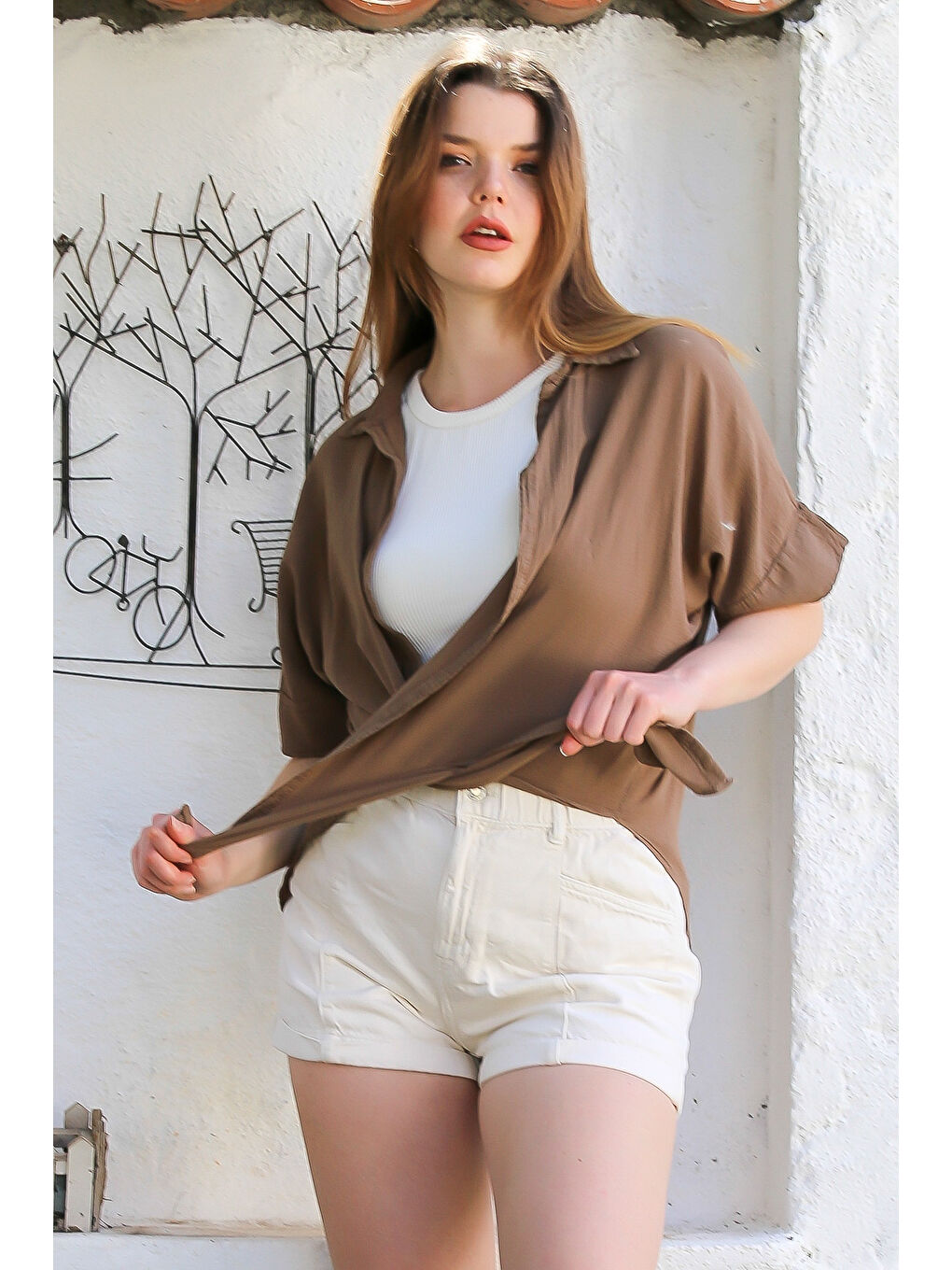 Kahverengi Açık Kahve Gömlek Yaka Kısa Kol Kapamasız Yıkamalı Önden Düğüm Bağlamalı Casual Dokuma Bluz 62 67-1