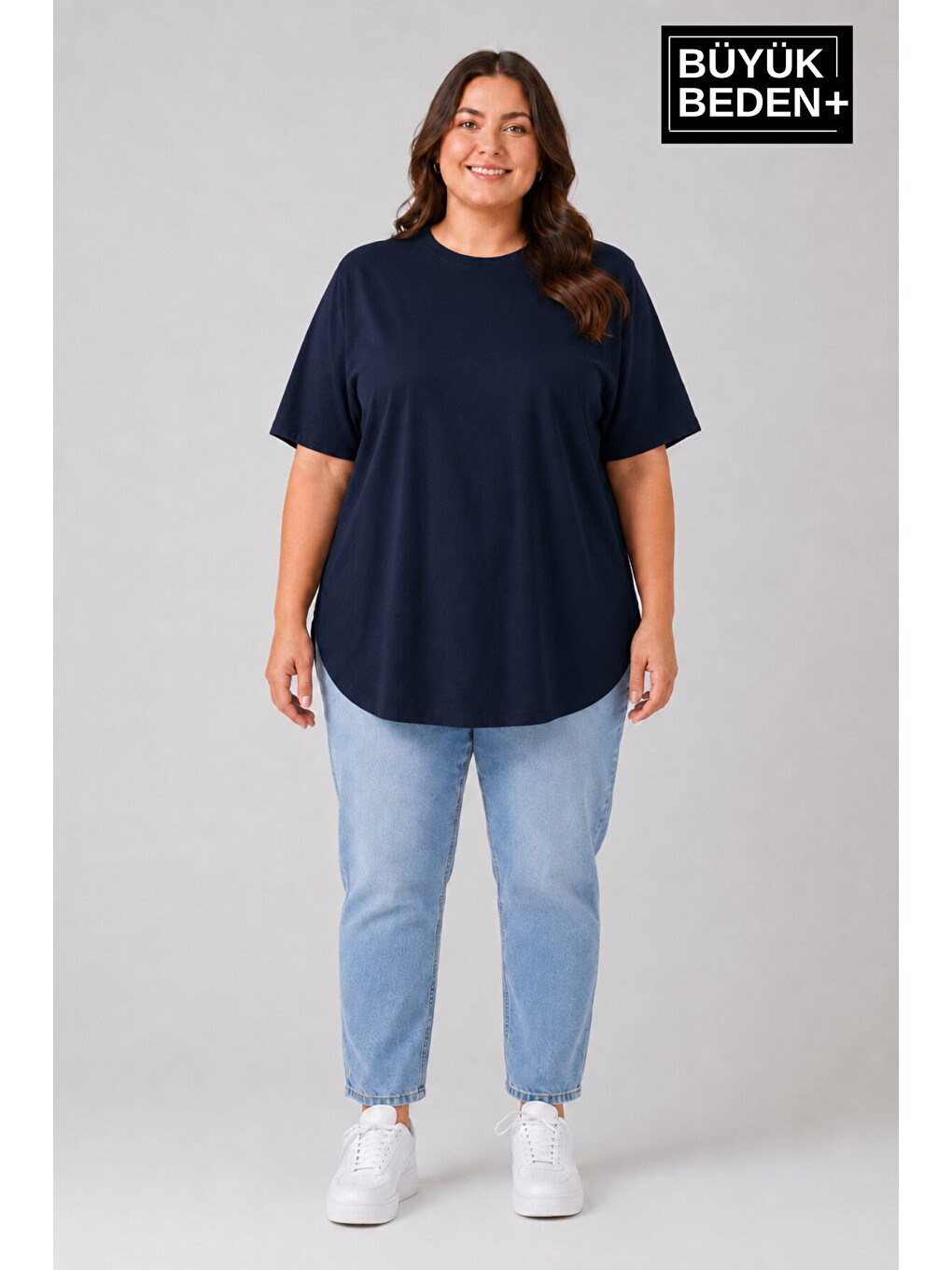 Lacivert Büyük Beden Kadın Bisiklet Yaka Basic Oval Etek Detalylı 3xl-6xl Uzun Tunik Spr26btsk502