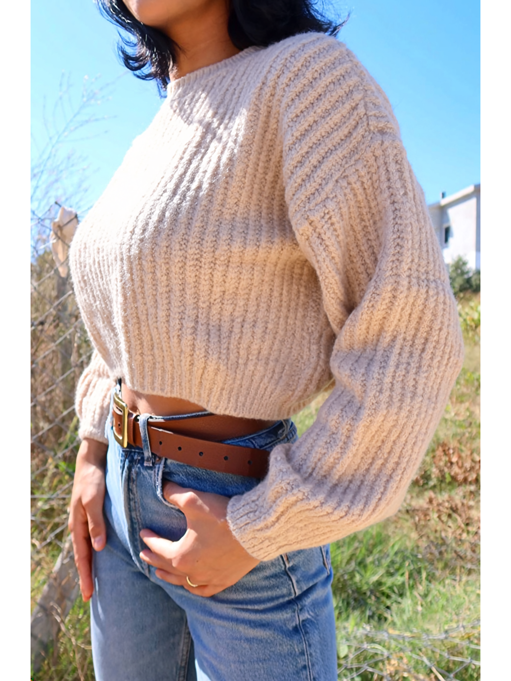 Ekru Bisiklet Yaka Kısa Triko Kazak E-199-4