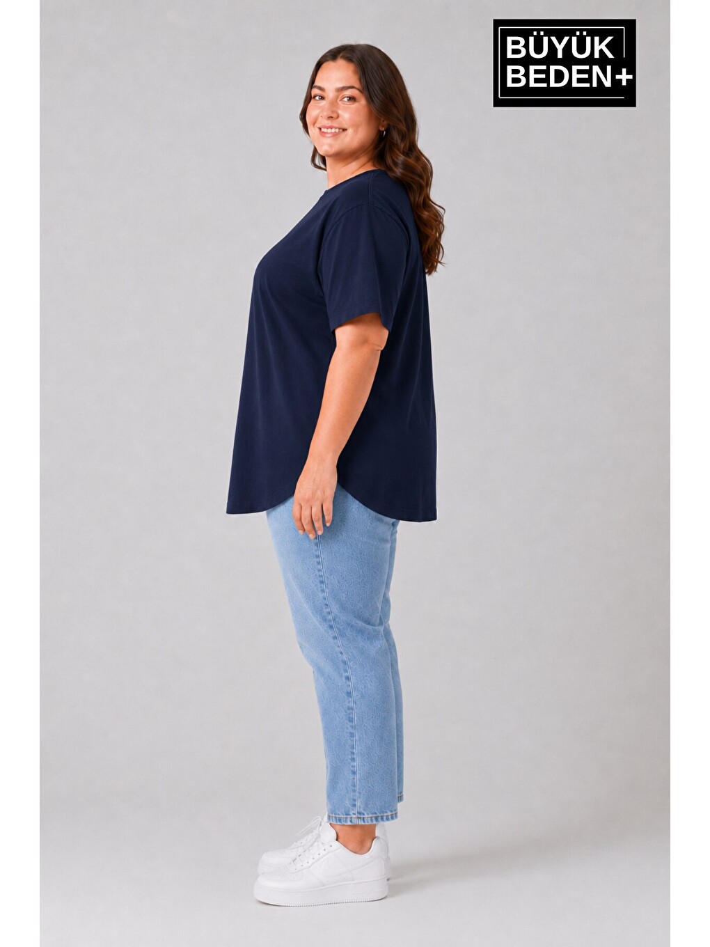 Lacivert Büyük Beden Kadın Bisiklet Yaka Basic Oval Etek Detalylı 3xl-6xl Uzun Tunik Spr26btsk502-1