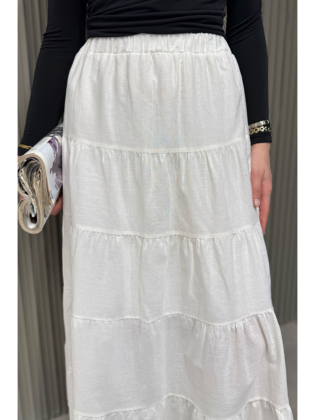 Beyaz Kadın Bel Lastikli Fırfırlı İç Astarlı Uzun Etek-5