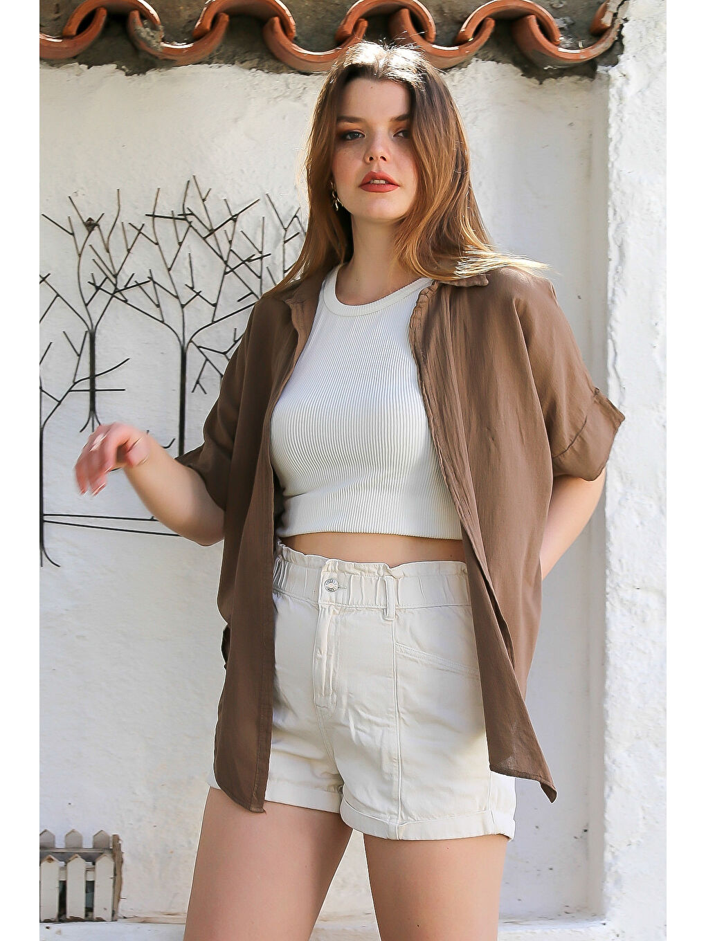 Kahverengi Açık Kahve Gömlek Yaka Kısa Kol Kapamasız Yıkamalı Önden Düğüm Bağlamalı Casual Dokuma Bluz 62 67-2