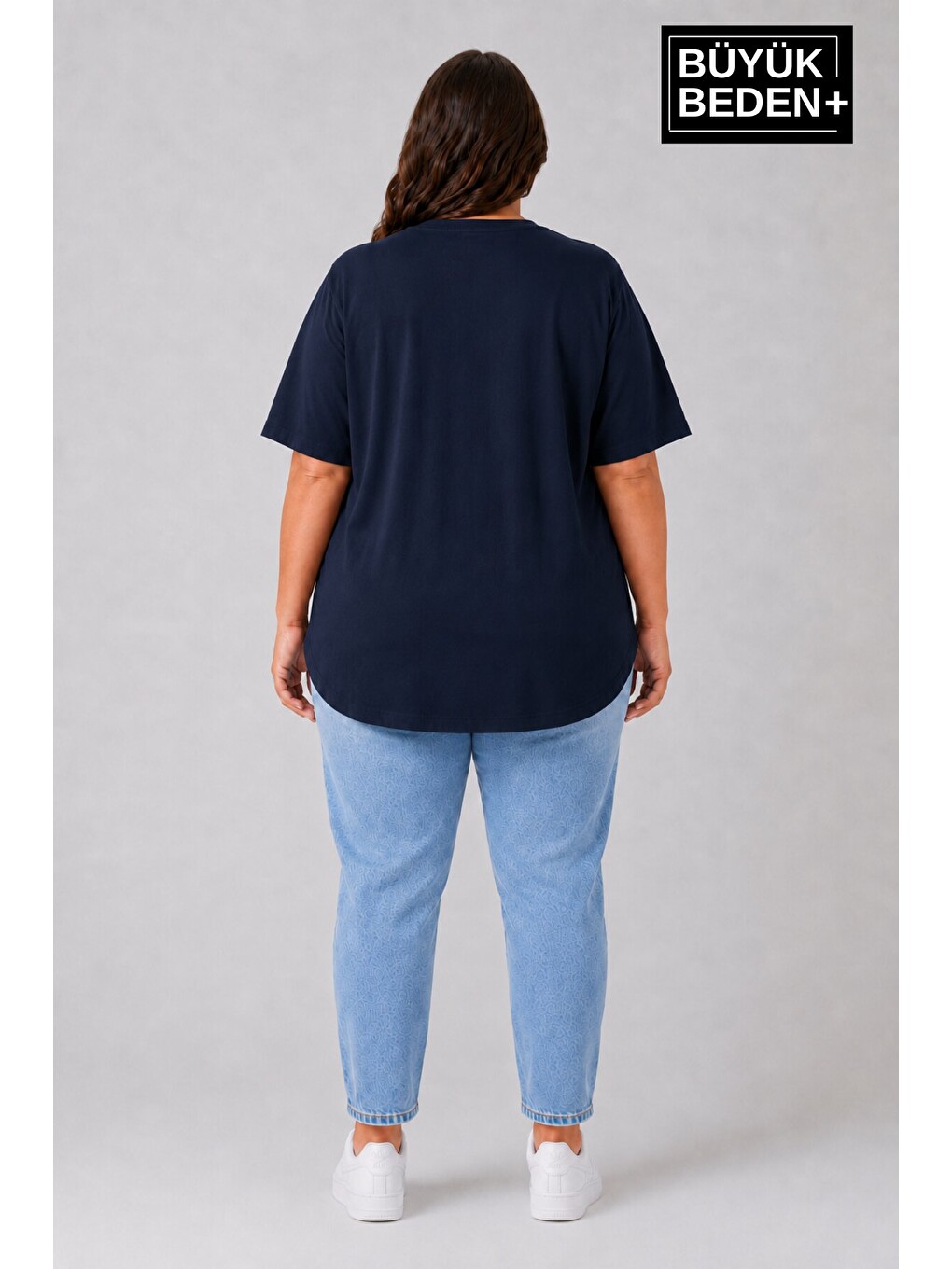 Lacivert Büyük Beden Kadın Bisiklet Yaka Basic Oval Etek Detalylı 3xl-6xl Uzun Tunik Spr26btsk502-2