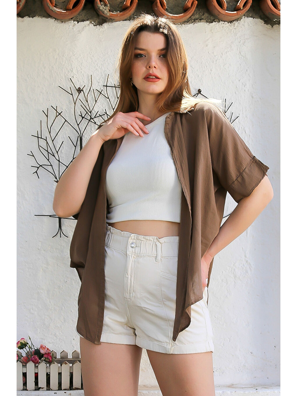 Kahverengi Açık Kahve Gömlek Yaka Kısa Kol Kapamasız Yıkamalı Önden Düğüm Bağlamalı Casual Dokuma Bluz 62 67-3