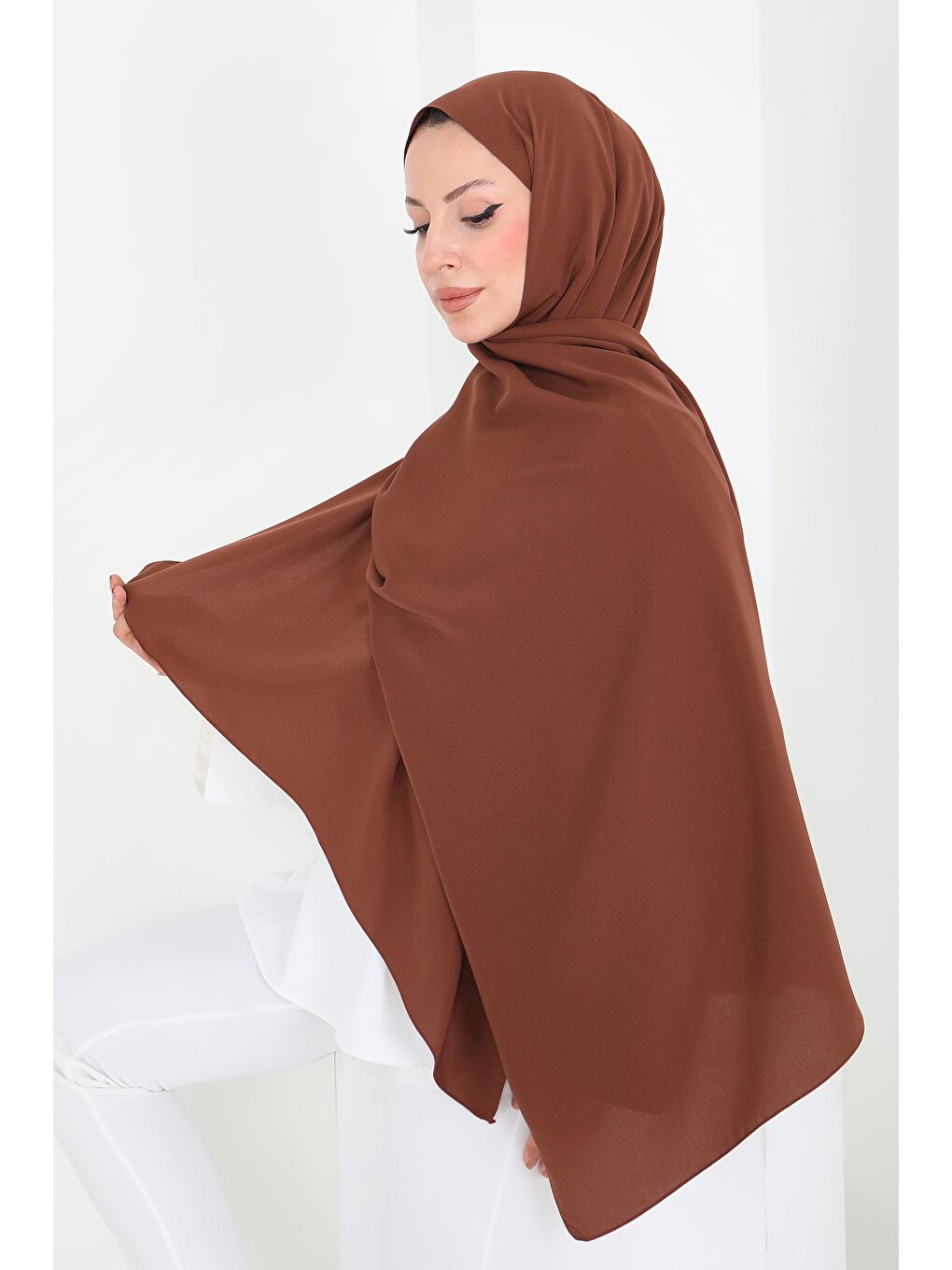 Kahverengi Medine İpeği Şal Kahve - 27852-KAHVE-3