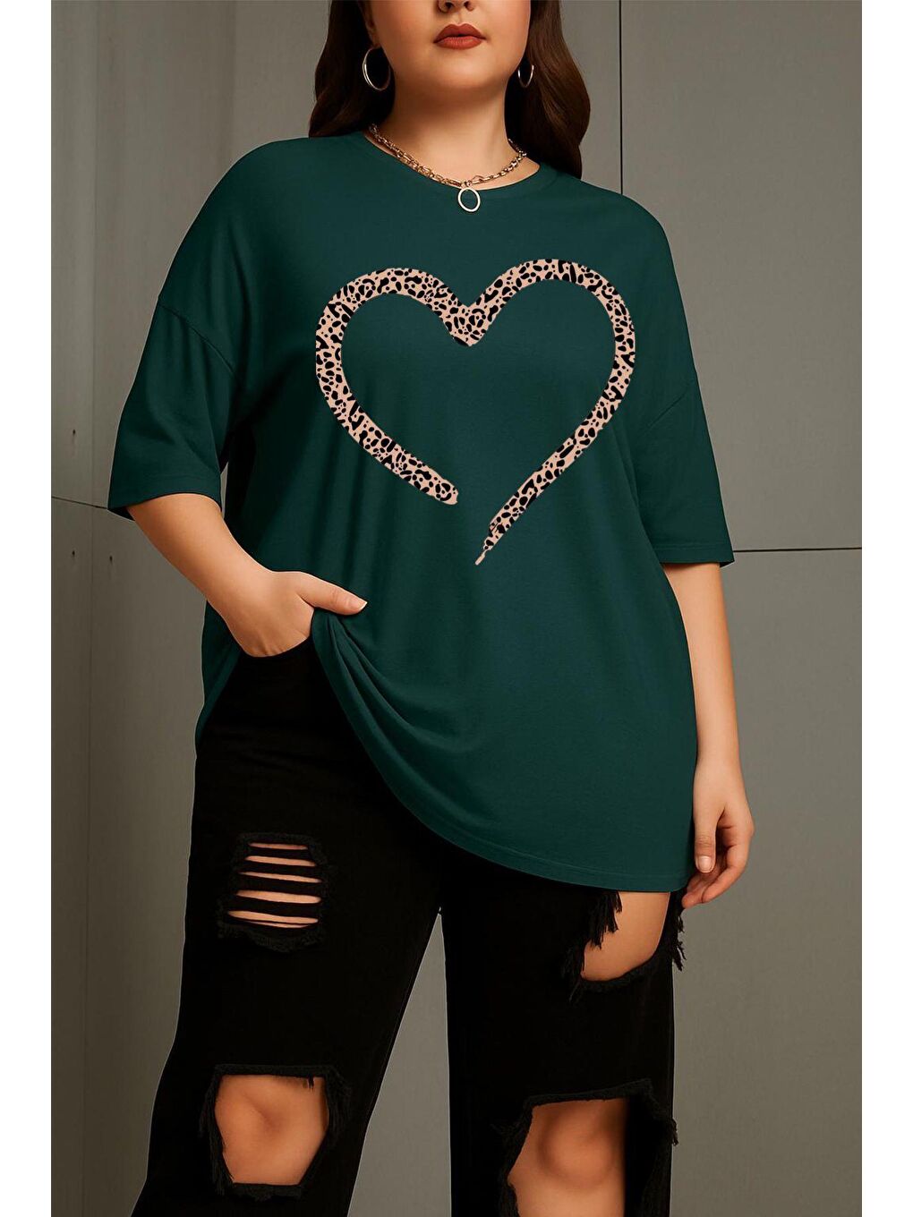 Yeşil Love Kadın Büyük Beden Battal Baskılı Bisiklet Yaka Pamuklu T-Shirt Rahat Kesim Unisex Sevgili Kombi