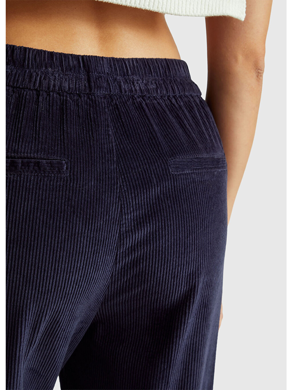 Kadın Lacivert Beli Lastikli Kadife Pantolon-5