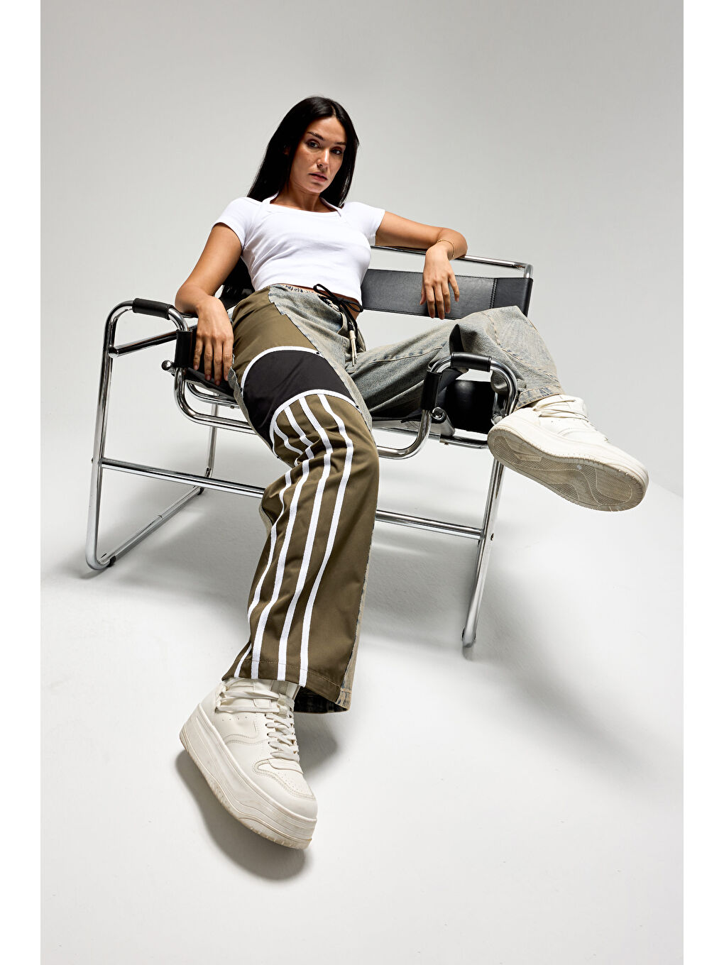 Kadın Tint Haki Renk 4w5-32 Baggy Fit Şerit Detaylı Özel Tasarım Denim Jean-3