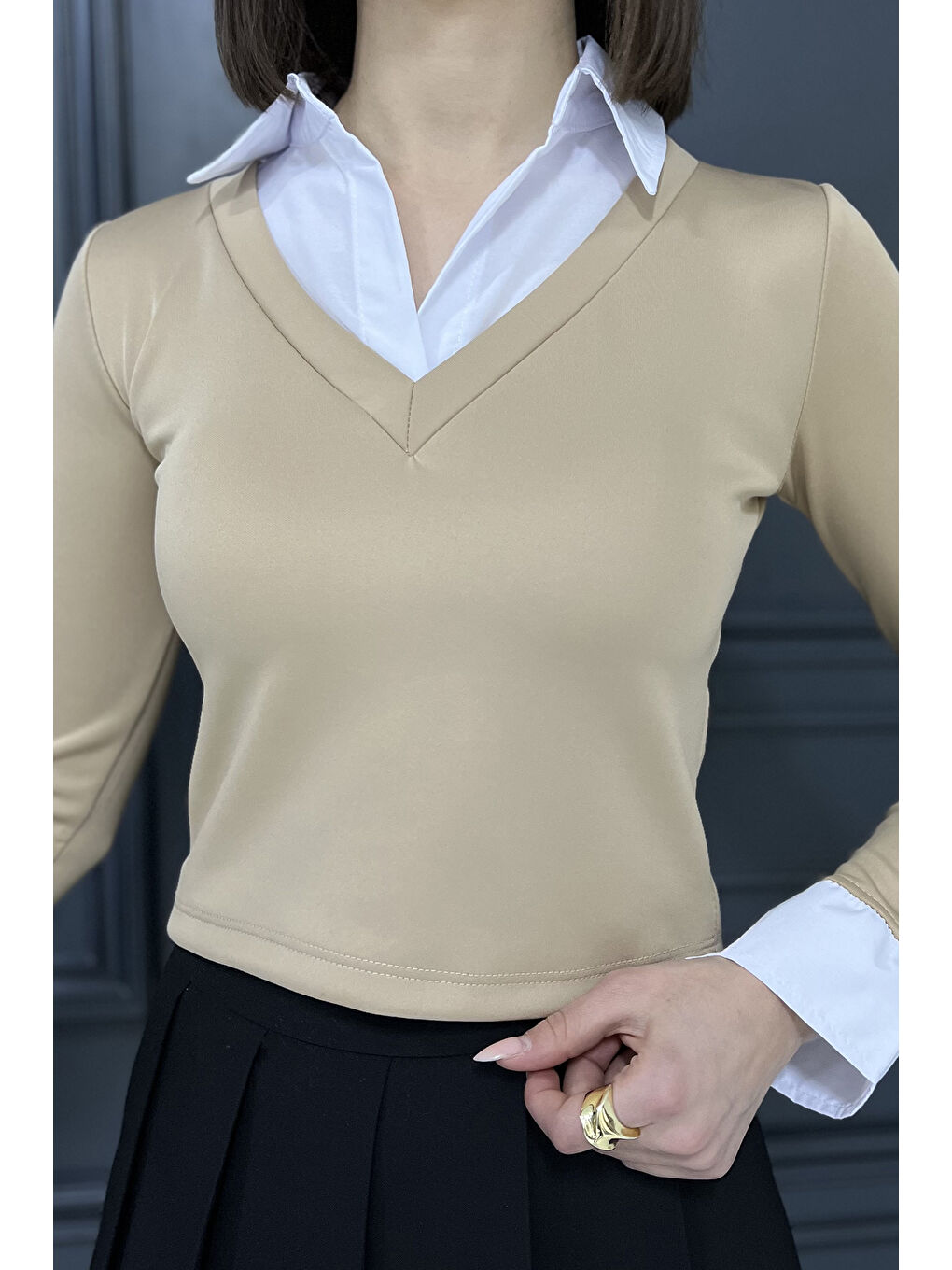 Bej Kadın Gömlek Garnili Crop Bluz-3