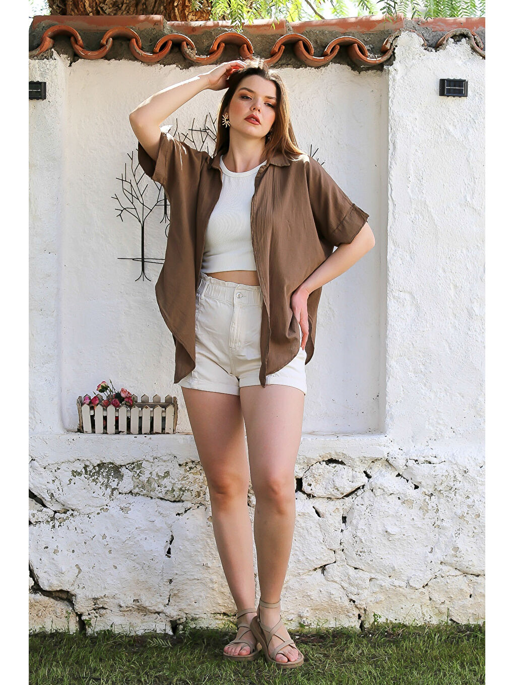 Kahverengi Açık Kahve Gömlek Yaka Kısa Kol Kapamasız Yıkamalı Önden Düğüm Bağlamalı Casual Dokuma Bluz 62 67-6