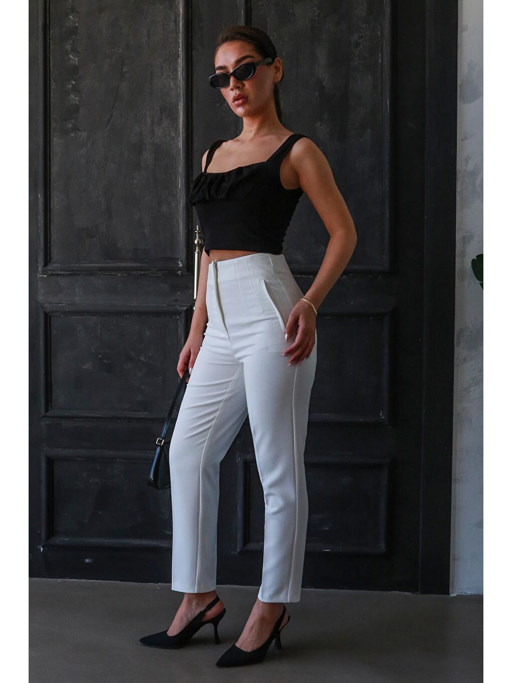 Beyaz Önü Biyeli Yüksek Bel Kadın Pantolon Mg2425-7