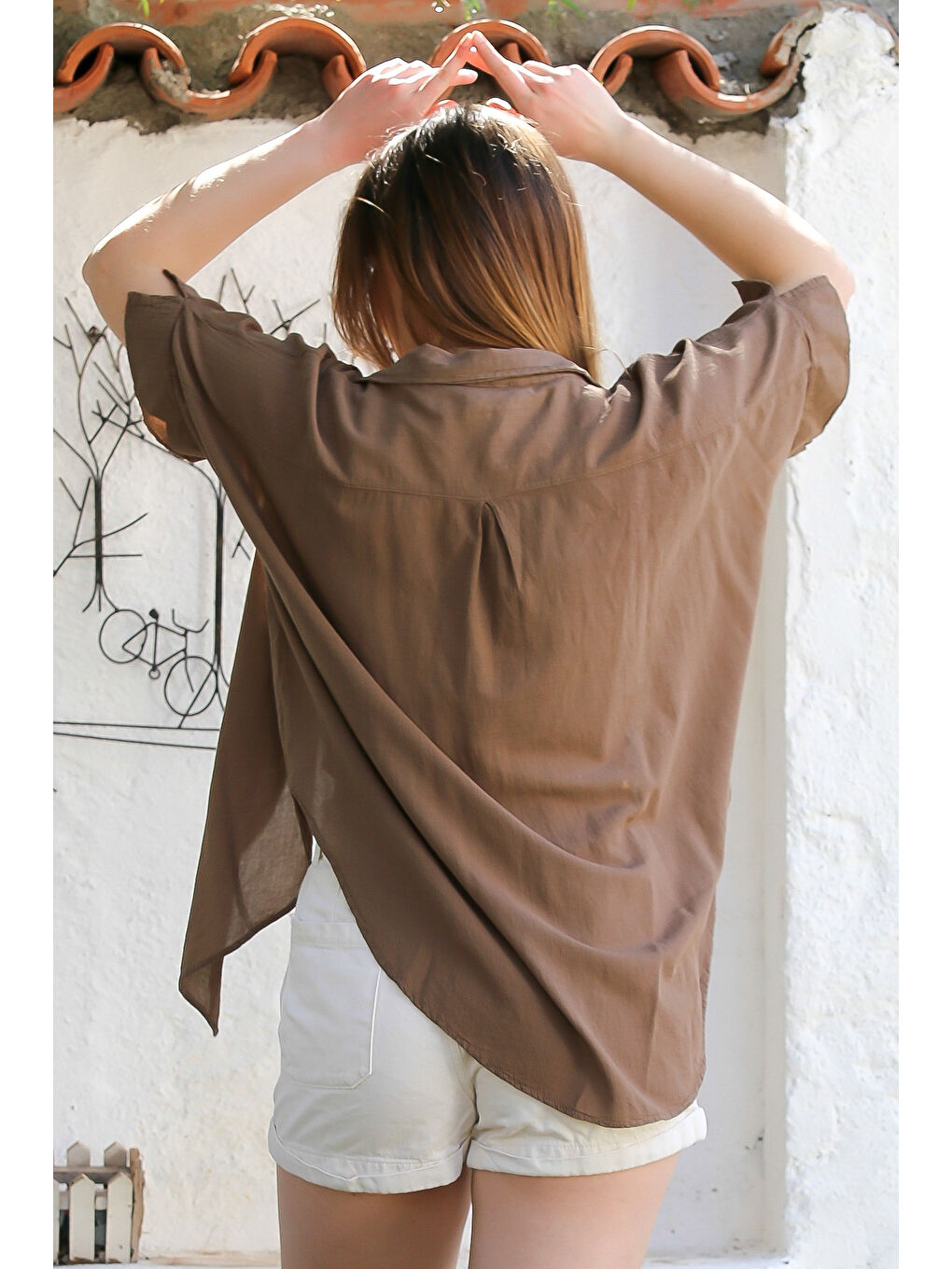 Kahverengi Açık Kahve Gömlek Yaka Kısa Kol Kapamasız Yıkamalı Önden Düğüm Bağlamalı Casual Dokuma Bluz 62 67-7