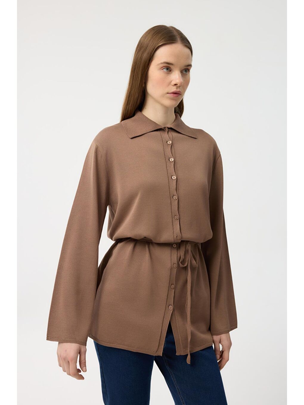 Kahverengi Düğmeli İnce Triko Hırka Toprak