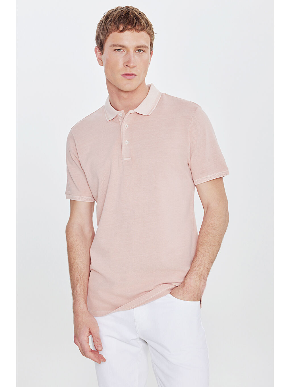 Pembe Erkek Gül Kurusu %100 Pamuk Standart Fit Normal Kesim Polo Yaka Tişört-2