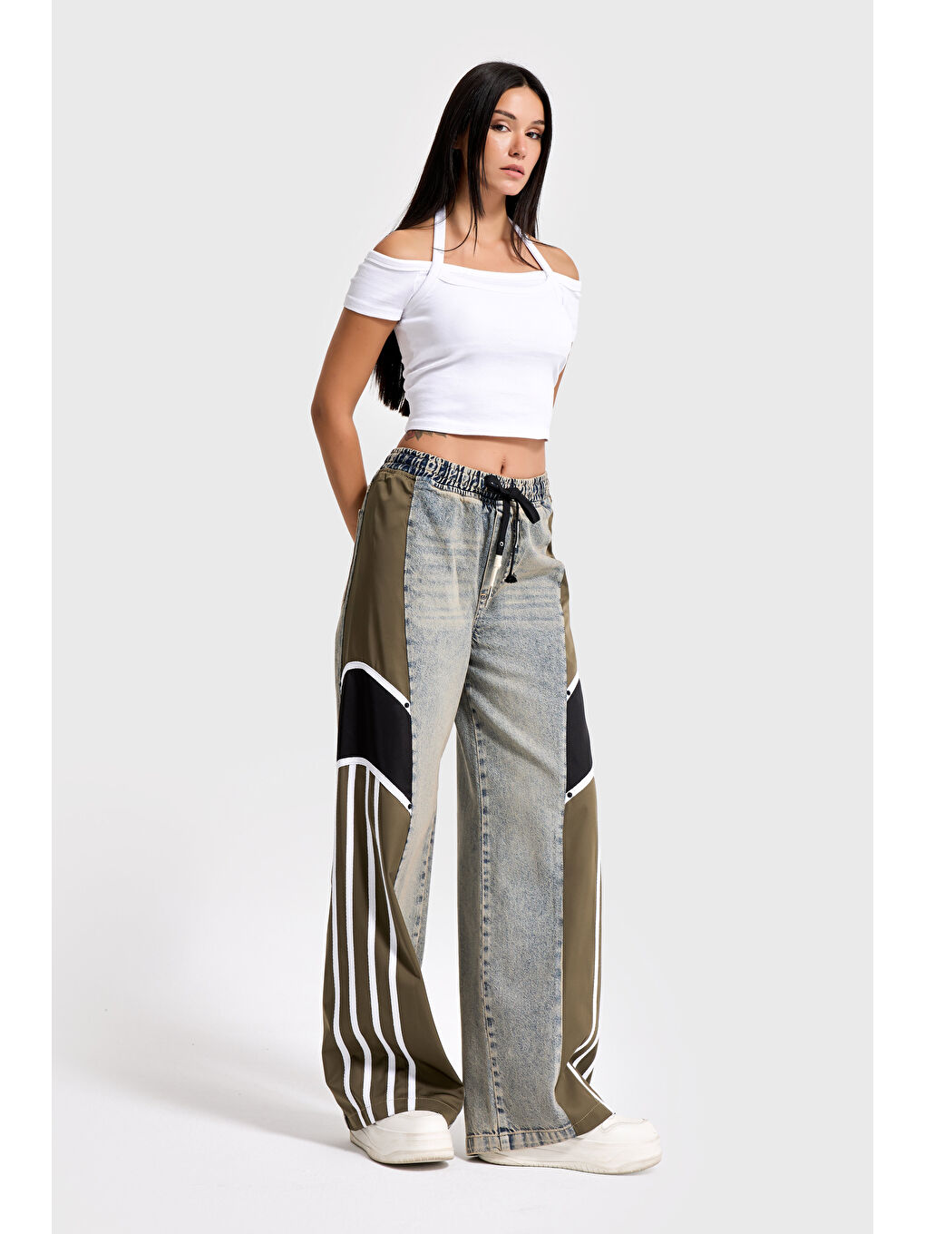 Kadın Tint Haki Renk 4w5-32 Baggy Fit Şerit Detaylı Özel Tasarım Denim Jean-4