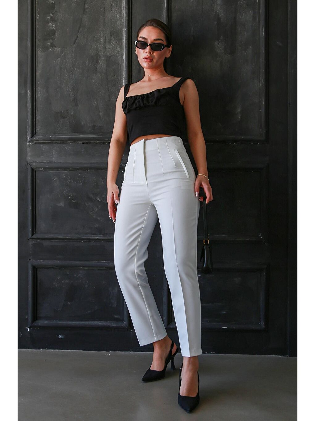 Beyaz Önü Biyeli Yüksek Bel Kadın Pantolon Mg2425-8
