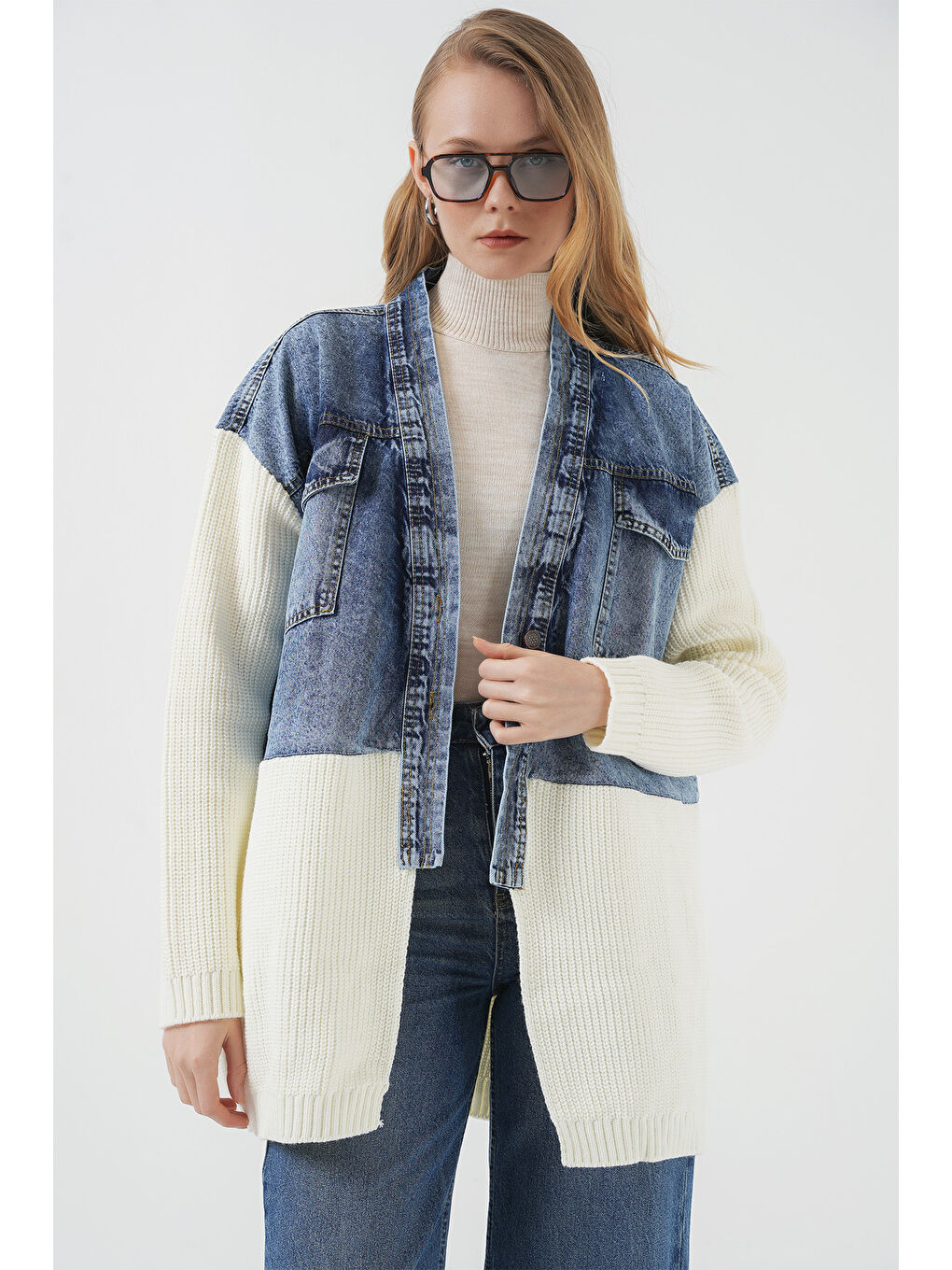 15919 Uzun Triko Jean Ceket   Beyaz