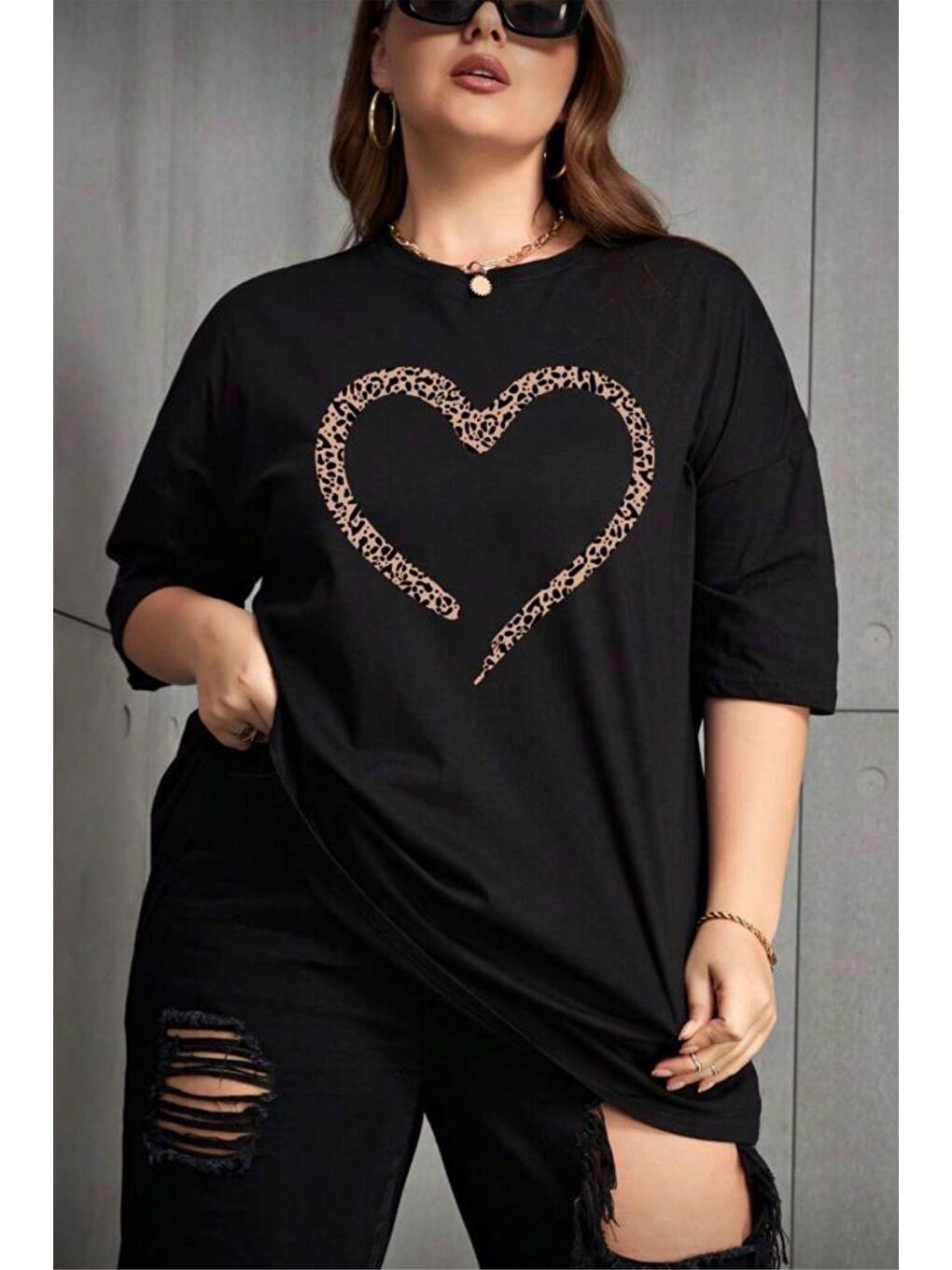 Siyah Love Kadın Büyük Beden Battal Baskılı Bisiklet Yaka Pamuklu T-Shirt Rahat Kesim Unisex Sevgili Kombi