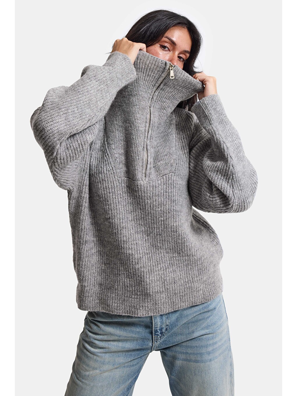 Kadın Gri W6-12 Oversize Fermuarlı Triko Kazak