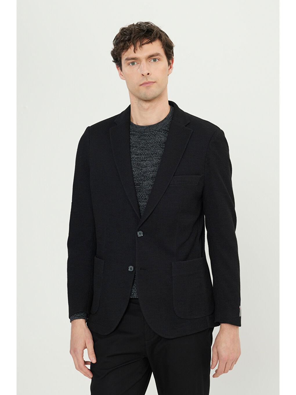 Erkek Siyah Yünlü Slim Fit Dar Kesim Mono Yaka Torba Cepli Esnek Ceket