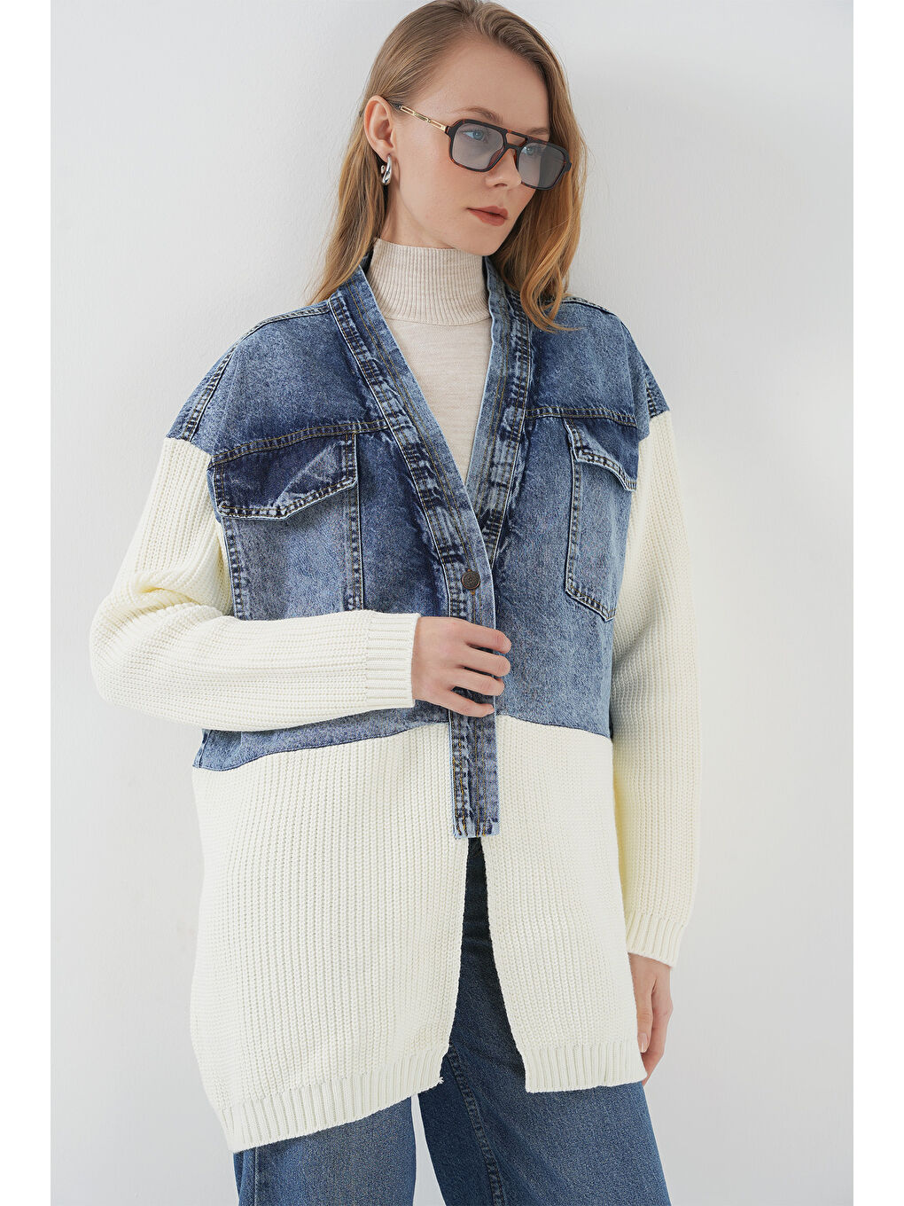 15919 Uzun Triko Jean Ceket   Beyaz-2
