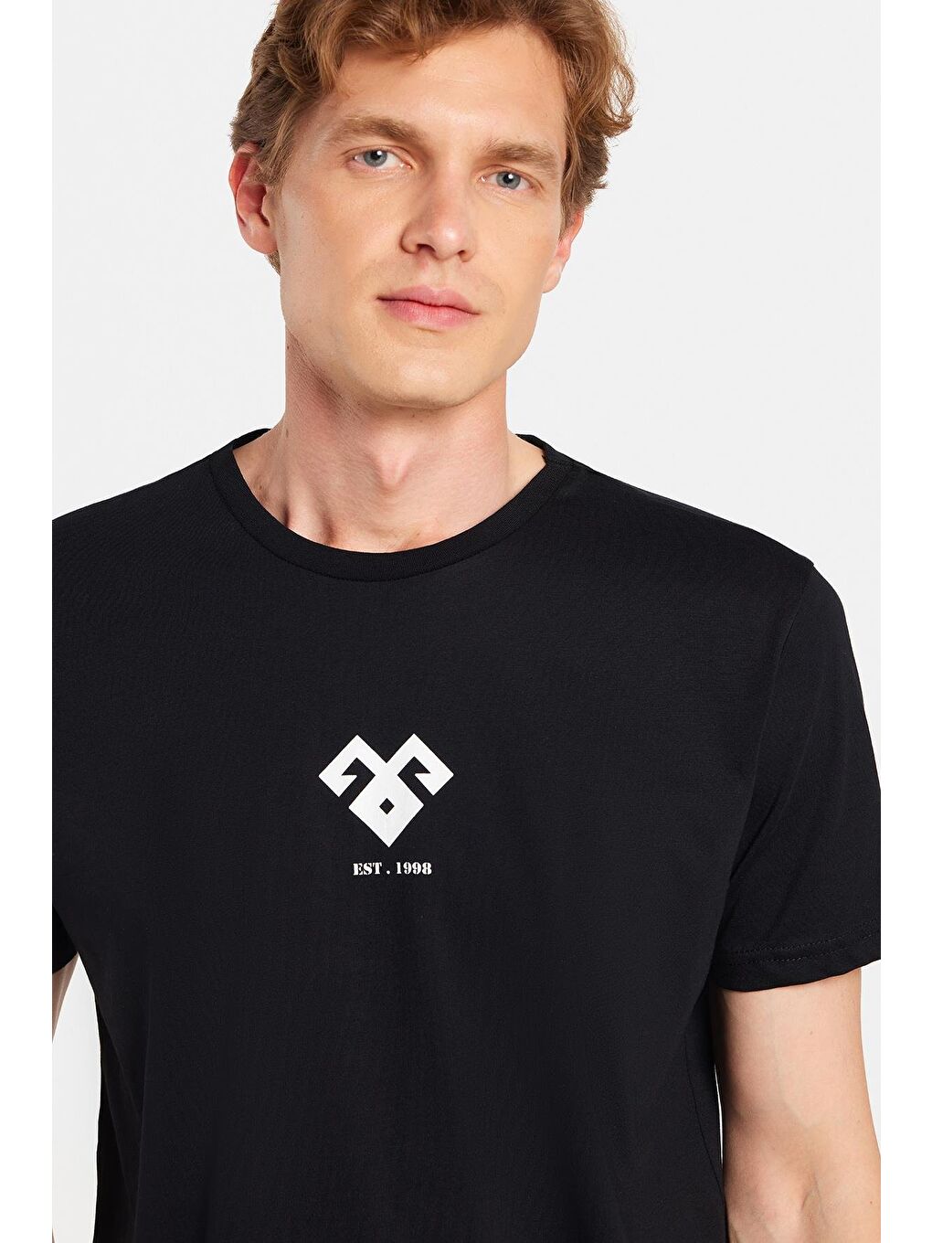 Erkek Slim Fit Dar Kesim %100 Pamuk Yumuşak Dokulu Baskılı Siyah Bisiklet Yaka Tişört-1