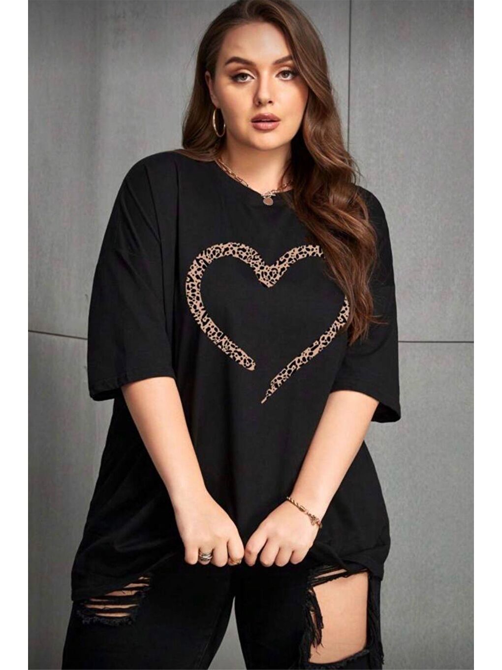 Siyah Love Kadın Büyük Beden Battal Baskılı Bisiklet Yaka Pamuklu T-Shirt Rahat Kesim Unisex Sevgili Kombi-1