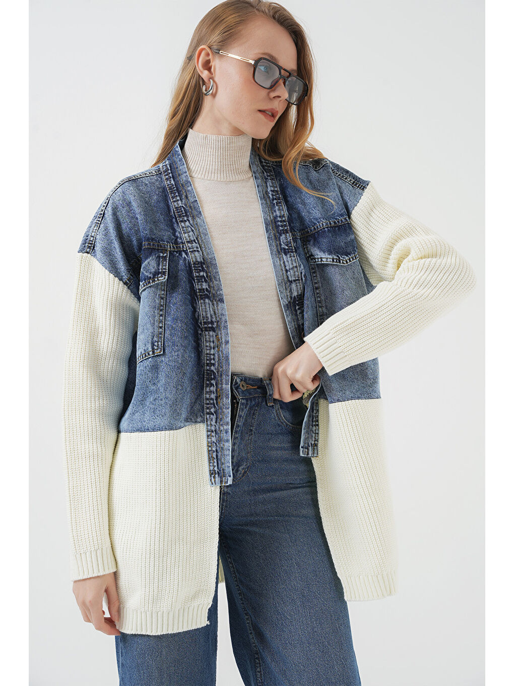 15919 Uzun Triko Jean Ceket   Beyaz-3