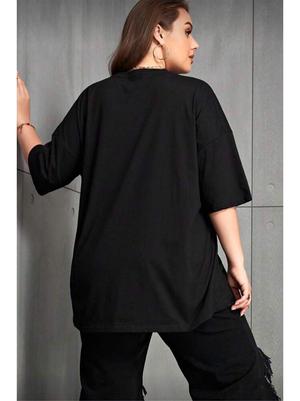 Siyah Love Kadın Büyük Beden Battal Baskılı Bisiklet Yaka Pamuklu T-Shirt Rahat Kesim Unisex Sevgili Kombi-2