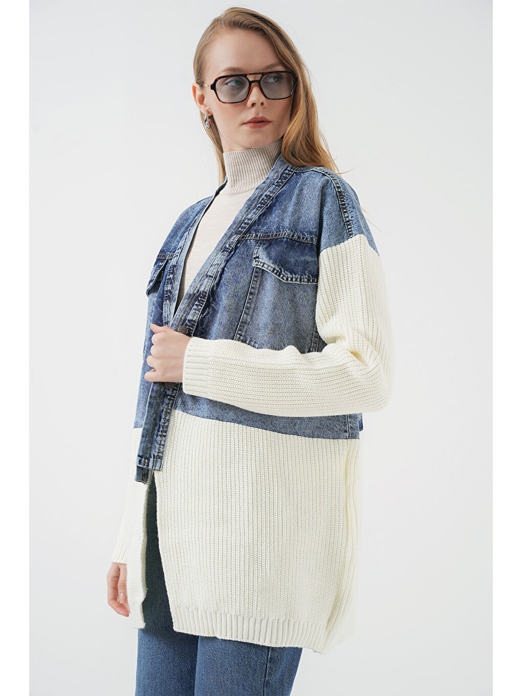 15919 Uzun Triko Jean Ceket   Beyaz-4