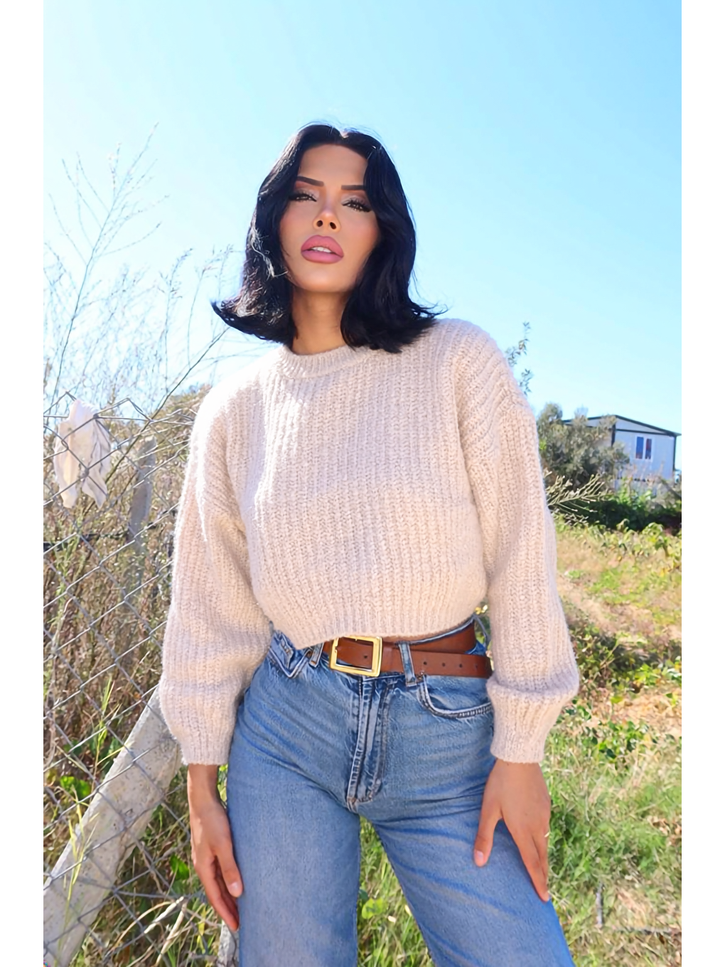 Ekru Bisiklet Yaka Kısa Triko Kazak E-199-1