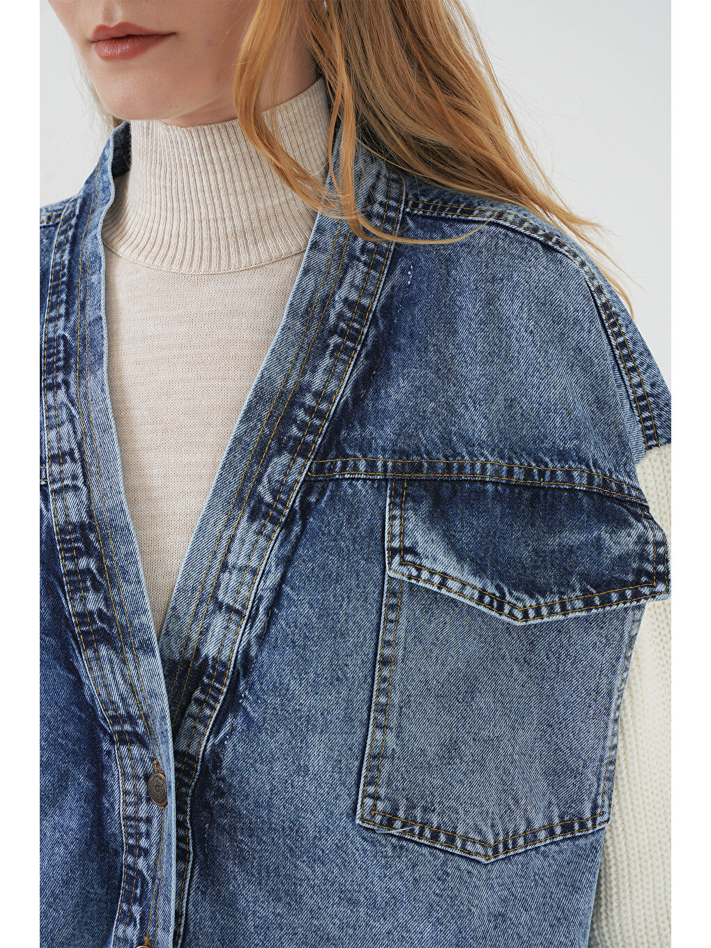 15919 Uzun Triko Jean Ceket   Beyaz-5