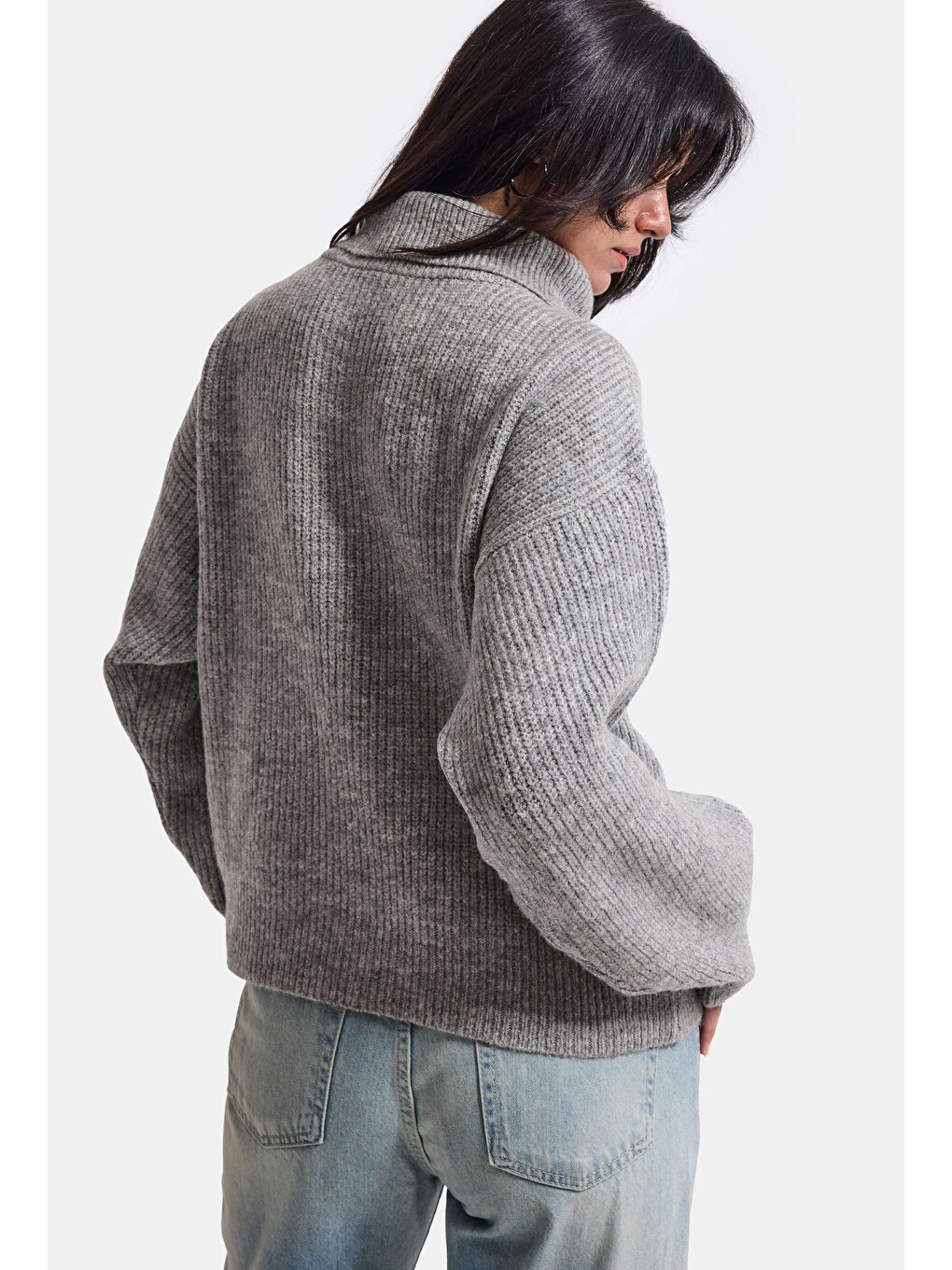 Kadın Gri W6-12 Oversize Fermuarlı Triko Kazak-2