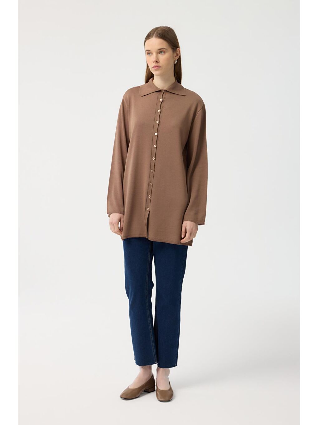 Kahverengi Düğmeli İnce Triko Hırka Toprak-1