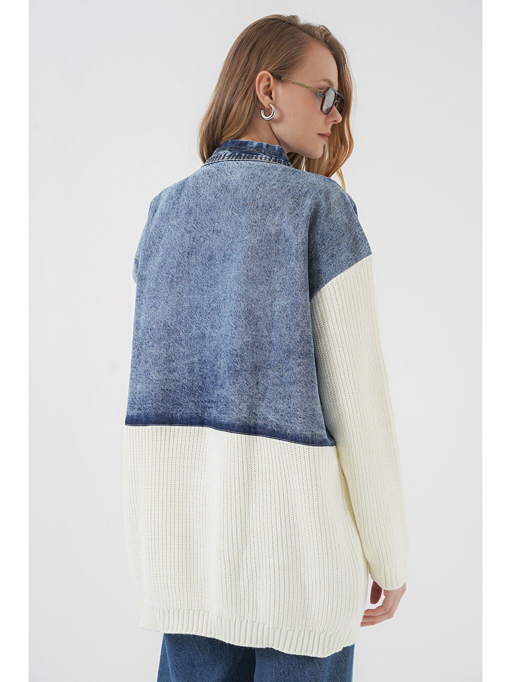 15919 Uzun Triko Jean Ceket   Beyaz-6