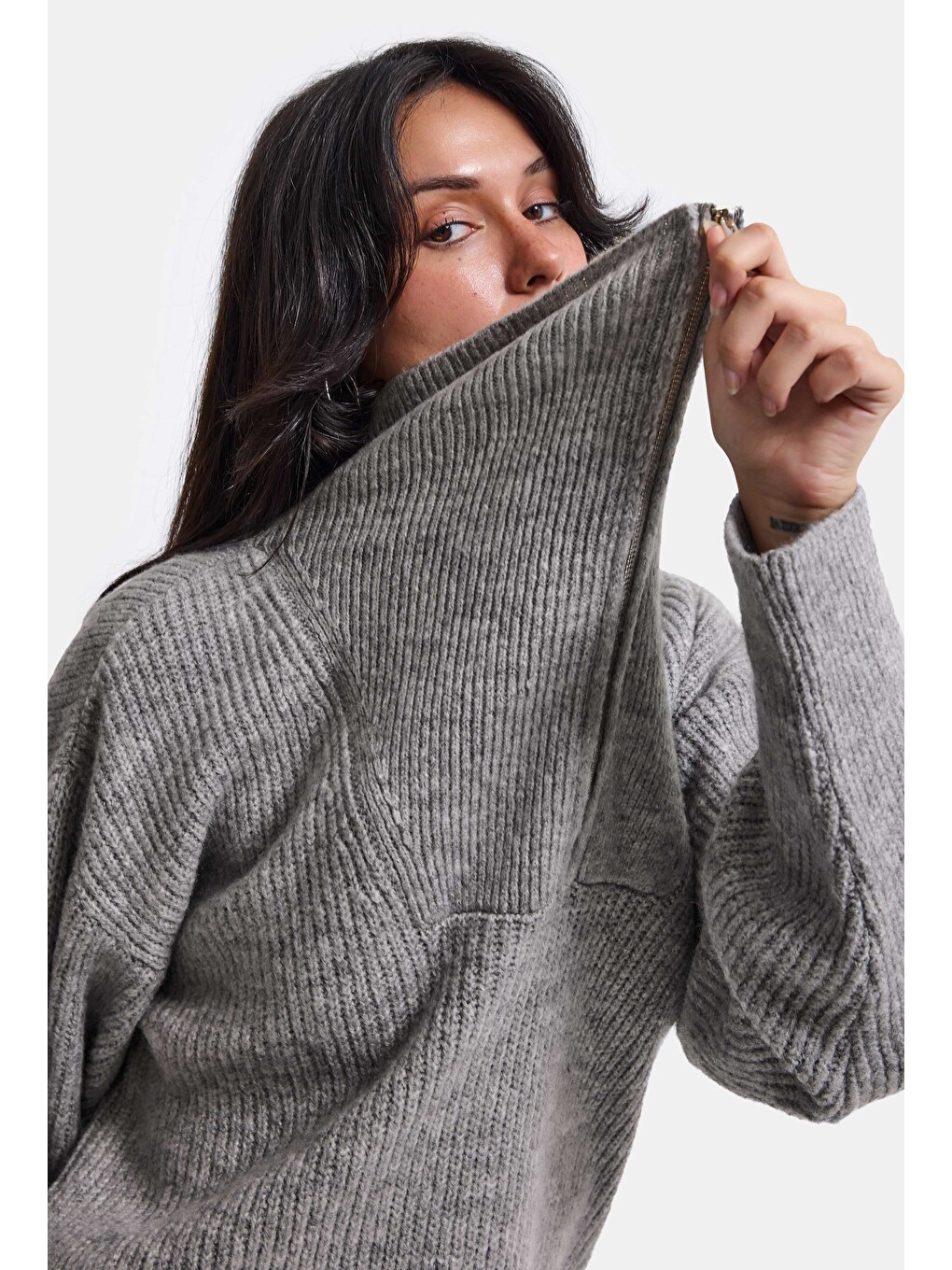 Kadın Gri W6-12 Oversize Fermuarlı Triko Kazak-3