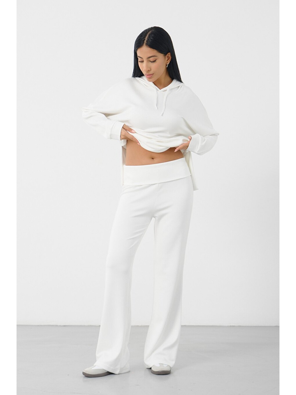 Ekru Kadın Kapüşonlu Salaş Takım Oversize Sweat ve Geniş Paça Alt-3
