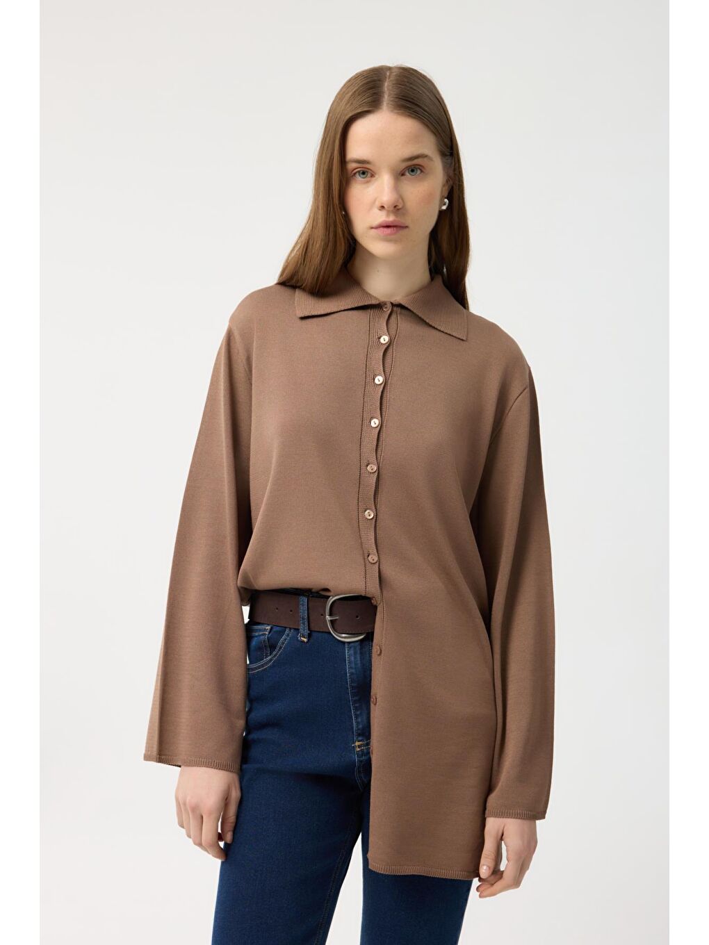 Kahverengi Düğmeli İnce Triko Hırka Toprak-2